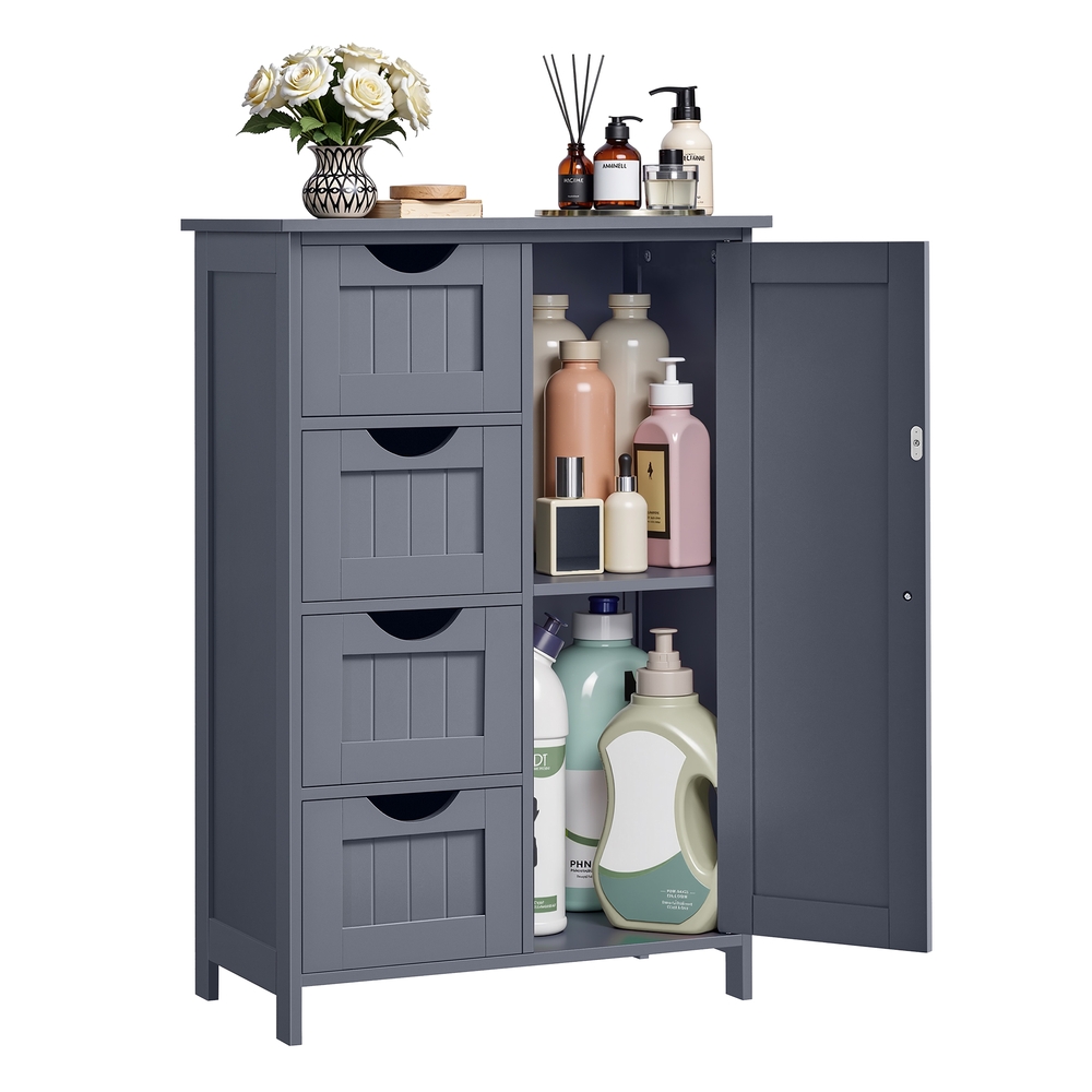 VASAGLE Badezimmerschrank, schmaler Badschrank, Beistellschrank, Kommode, mit 4 Schubladen, Schranktür, verstellbare Ablage, für Wohnzimmer, Küche, Flur, tief, freistehend, grau LHC41GY