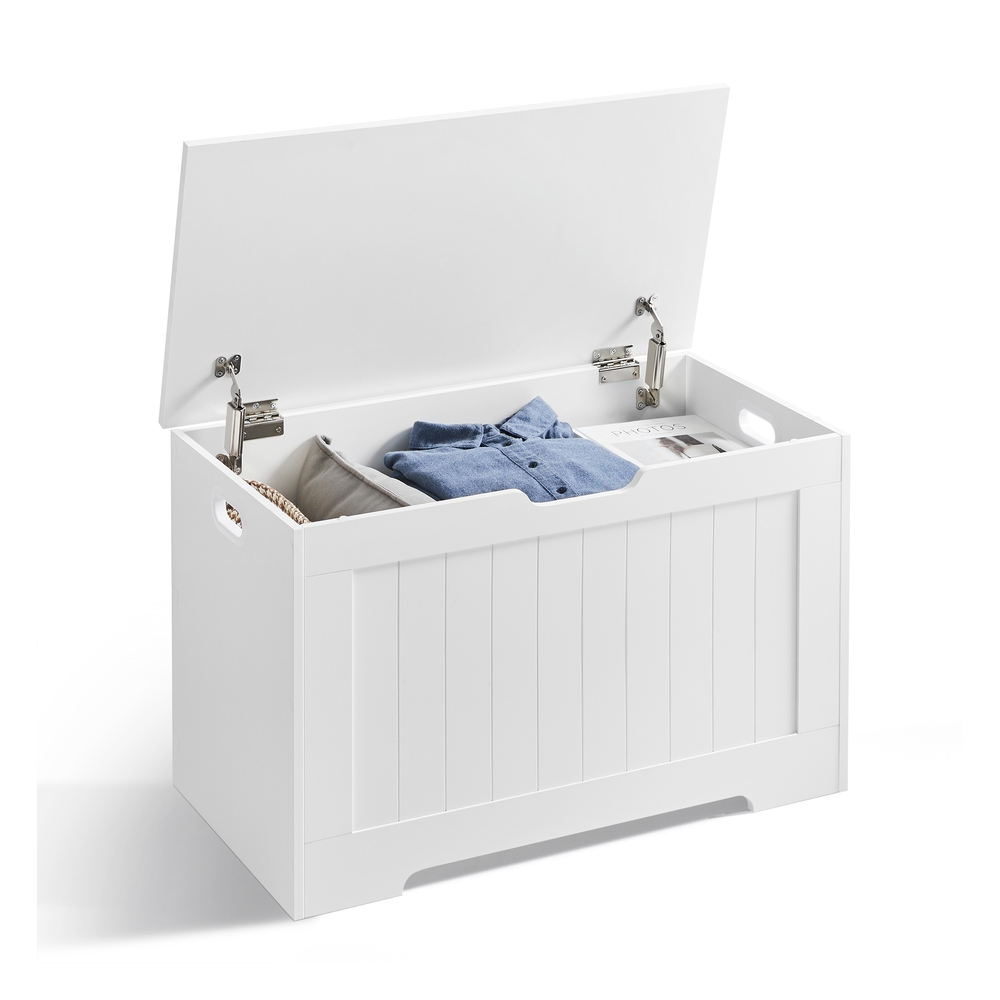 VASAGLE Schuhbank, Sitzbank mit Stauraum, Sitztruhe, 2 Sicherheitsscharniere, Aufbewahrungsschrank, Landhausstil, 40 x 76 x 48 cm, für Flur, Schlafzimmer, Wohnzimmer, wolkenweiß LHS11WT
