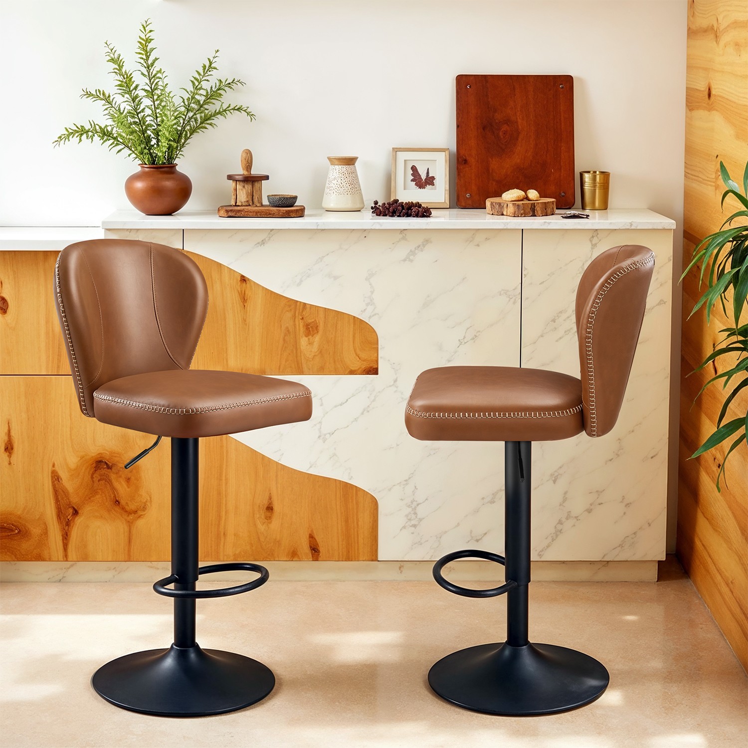 Barhocker 2er Set drehbar mit Rückenlehne karamellbraun