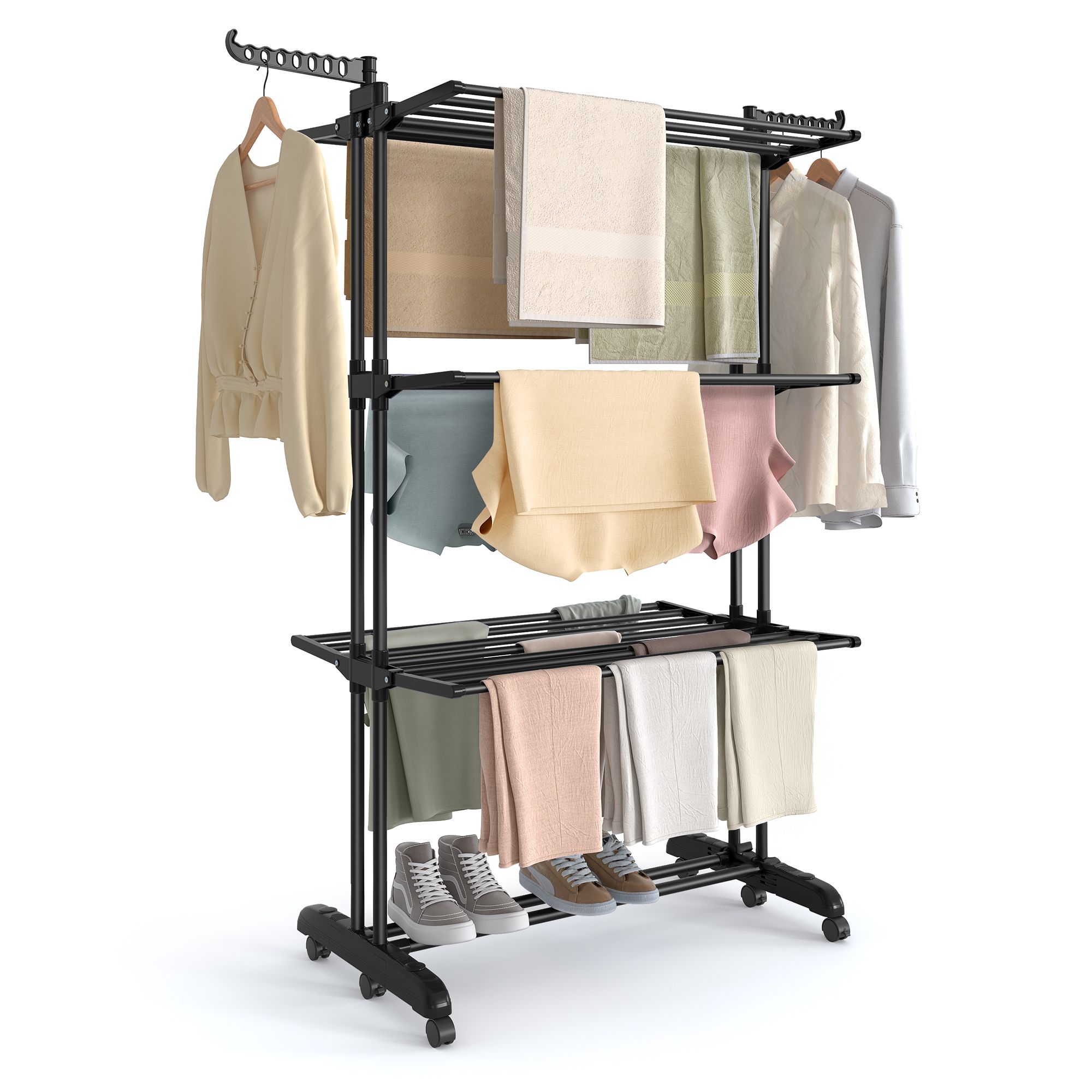 Wäscheständer, Standtrockner 4 Ebenen, Flügelwäscheständer, klappbare Flügel, mit Rollen, 63,5 x 125,5 x 173 cm, groß, einfacher Aufbau, tintenschwarz