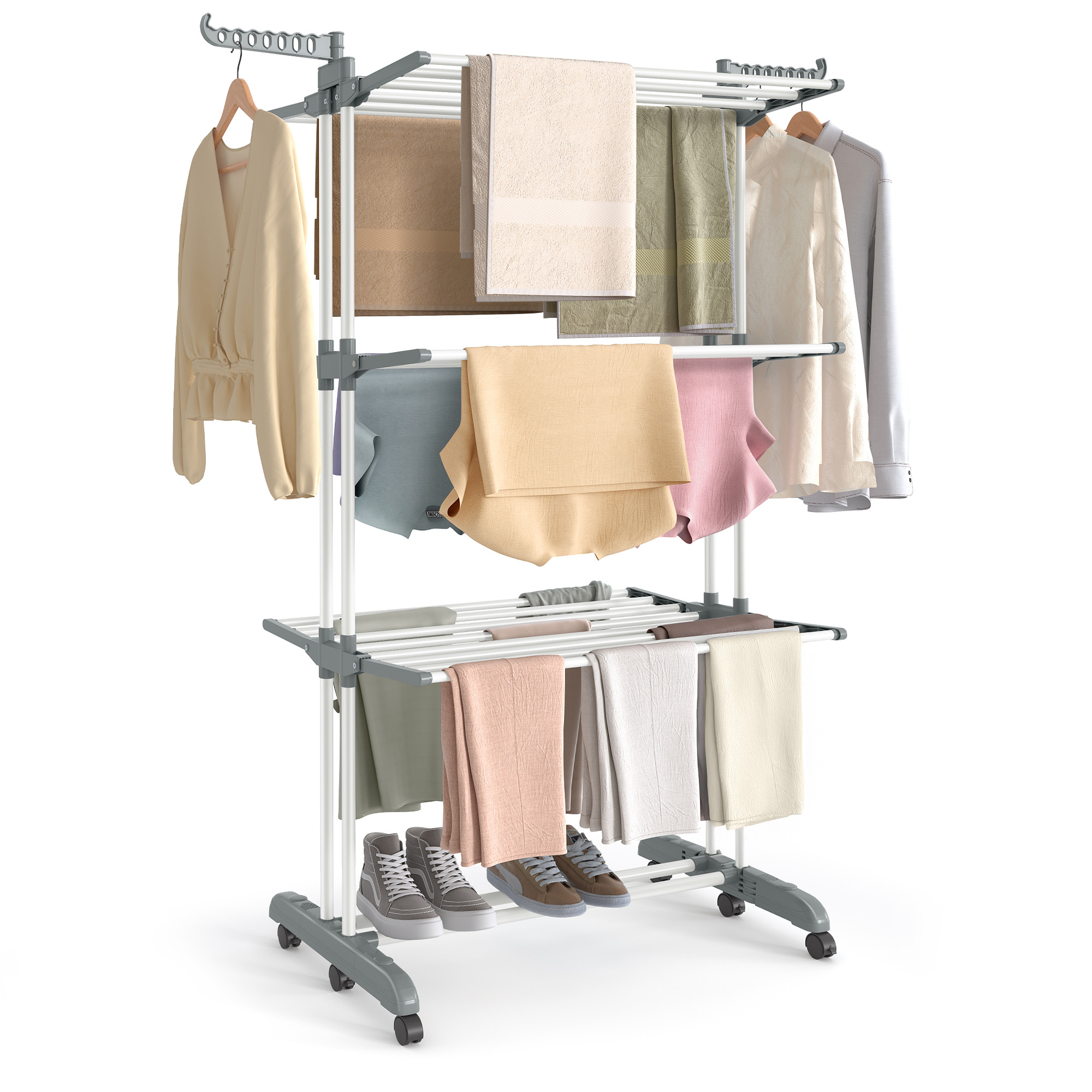 Wäscheständer, Standtrockner 4 Ebenen, Flügelwäscheständer, klappbare Flügel, mit Rollen, 63,5 x 125,5 x 173 cm, groß, einfacher Aufbau, wolkenweiß-Taubengrau
