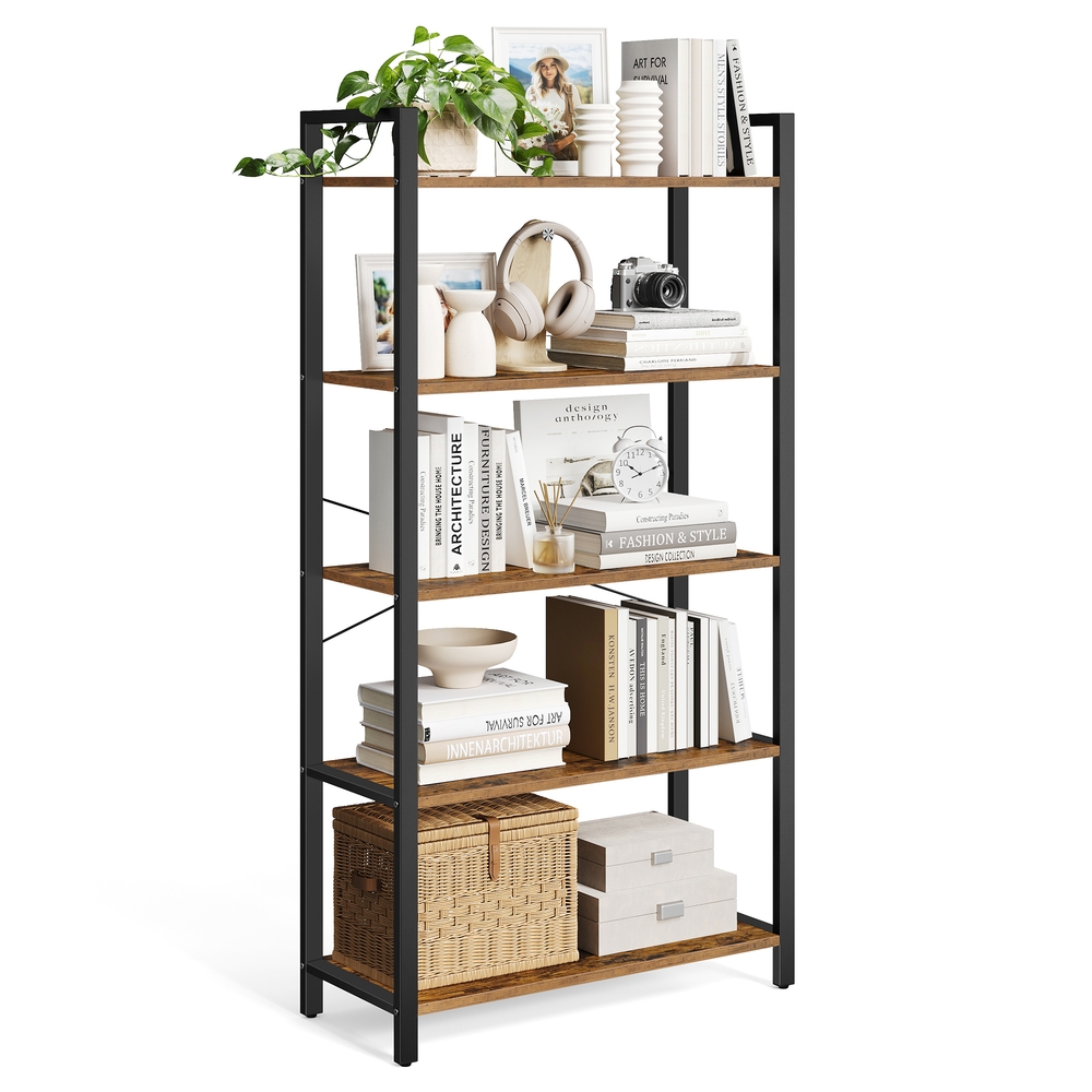 VASAGLE Bücherregal, Standregal mit 5 Ebenen, Offene Ablagen | Regal Industrial Style, 80 x 30 x 153 cm, Kippschutz, Vintagebraun und Tintenschwarz, BARNET Kollektion LLS081B01