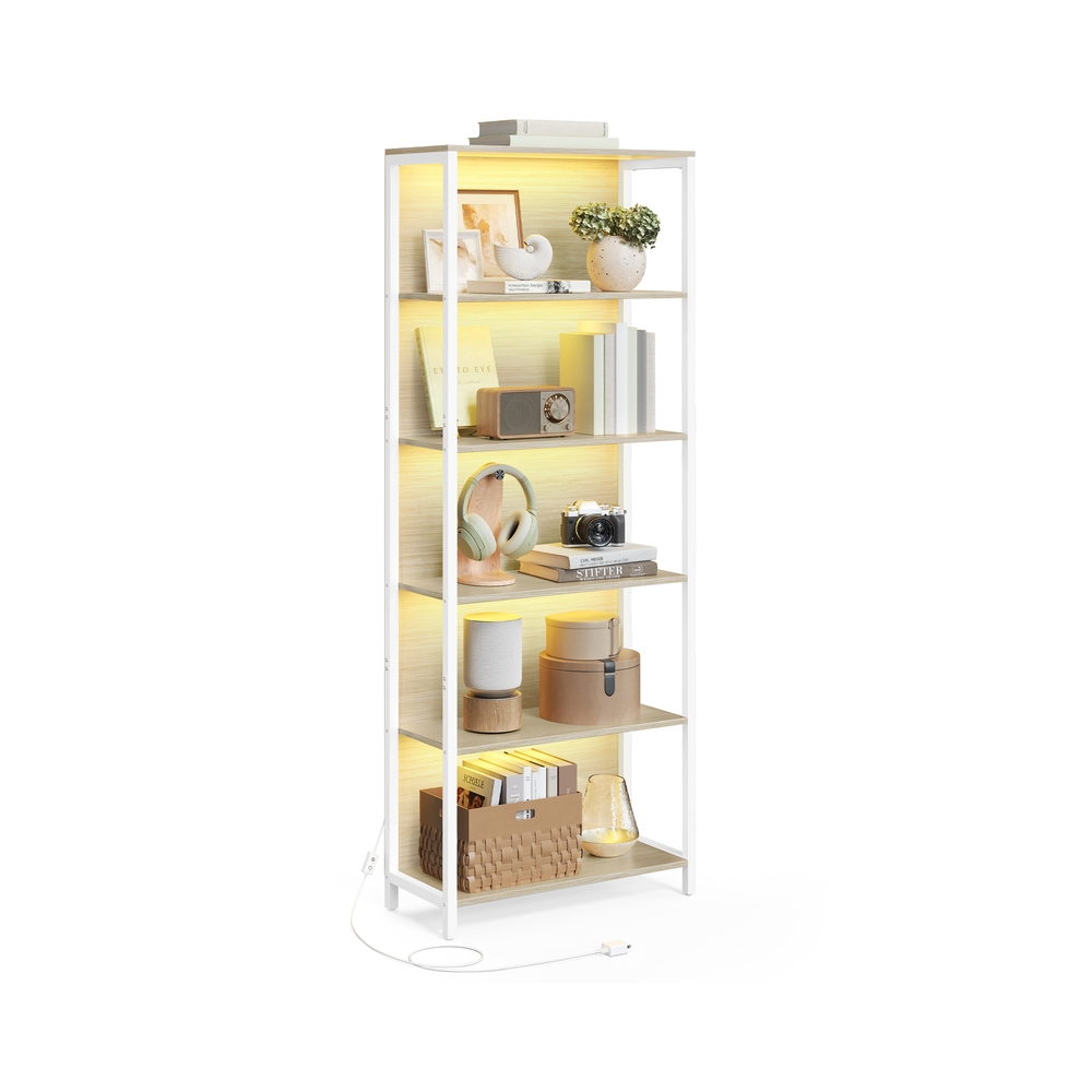 Bücherregal mit 6 Ebenen und Beleuchtung 30,3 x 60 x 178,6 cm naturbeige