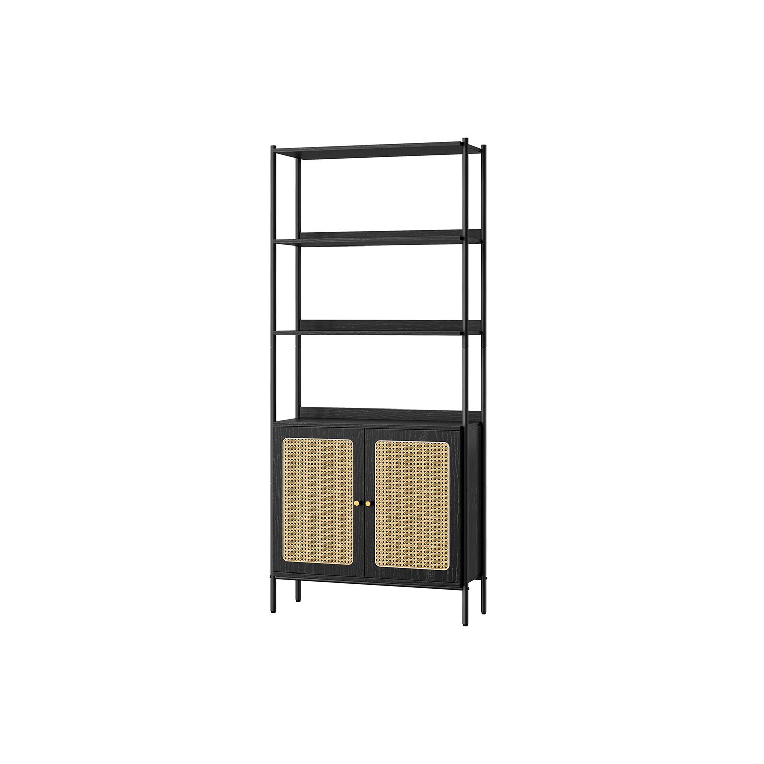 VASAGLE Bücherregal 6 Ebenen Regal hoch Standregal Tür in Rattan-Optik Boho-Stil Metallrahmen - Ebenholzschwarz-Mattschwarz