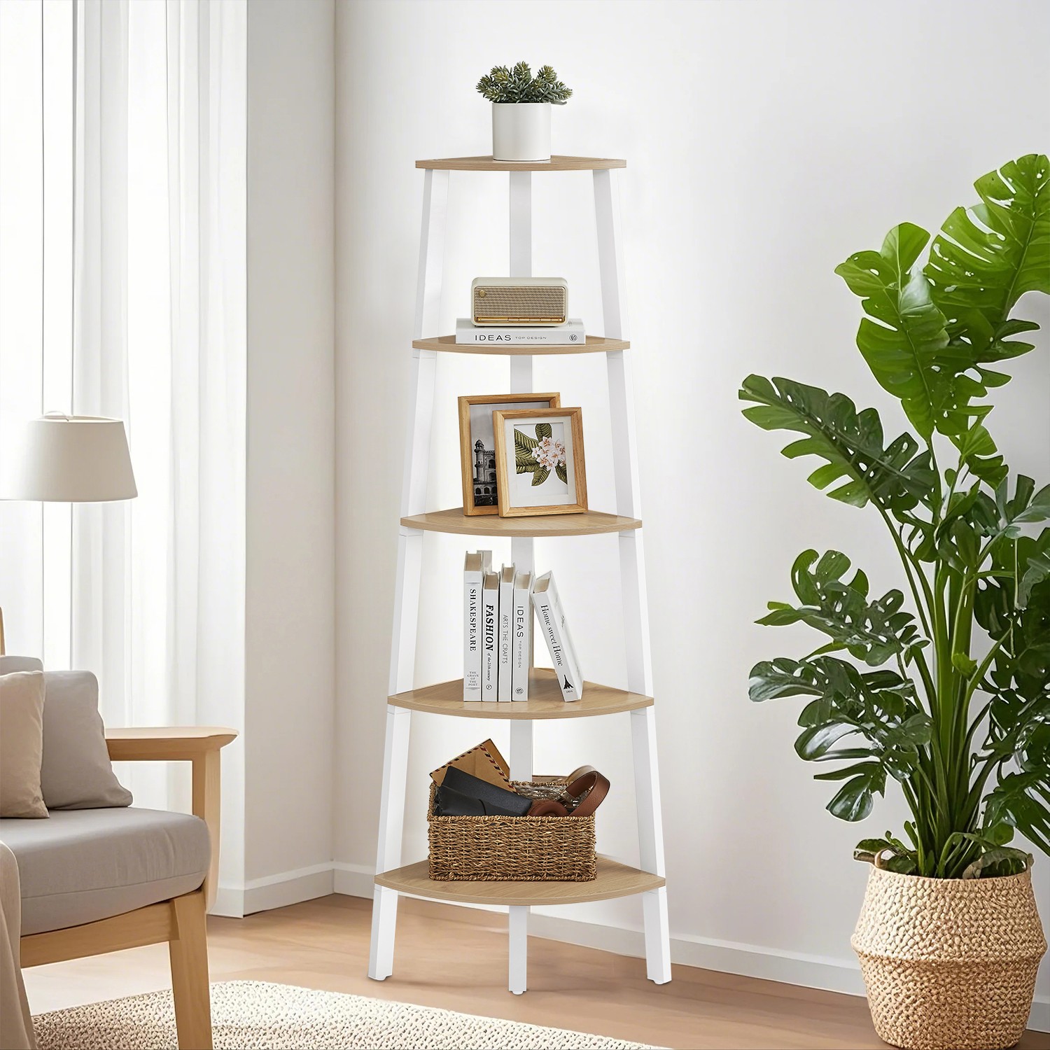 Bücherregal 5 Ebenen industriell natureichenfarben-mattweiß