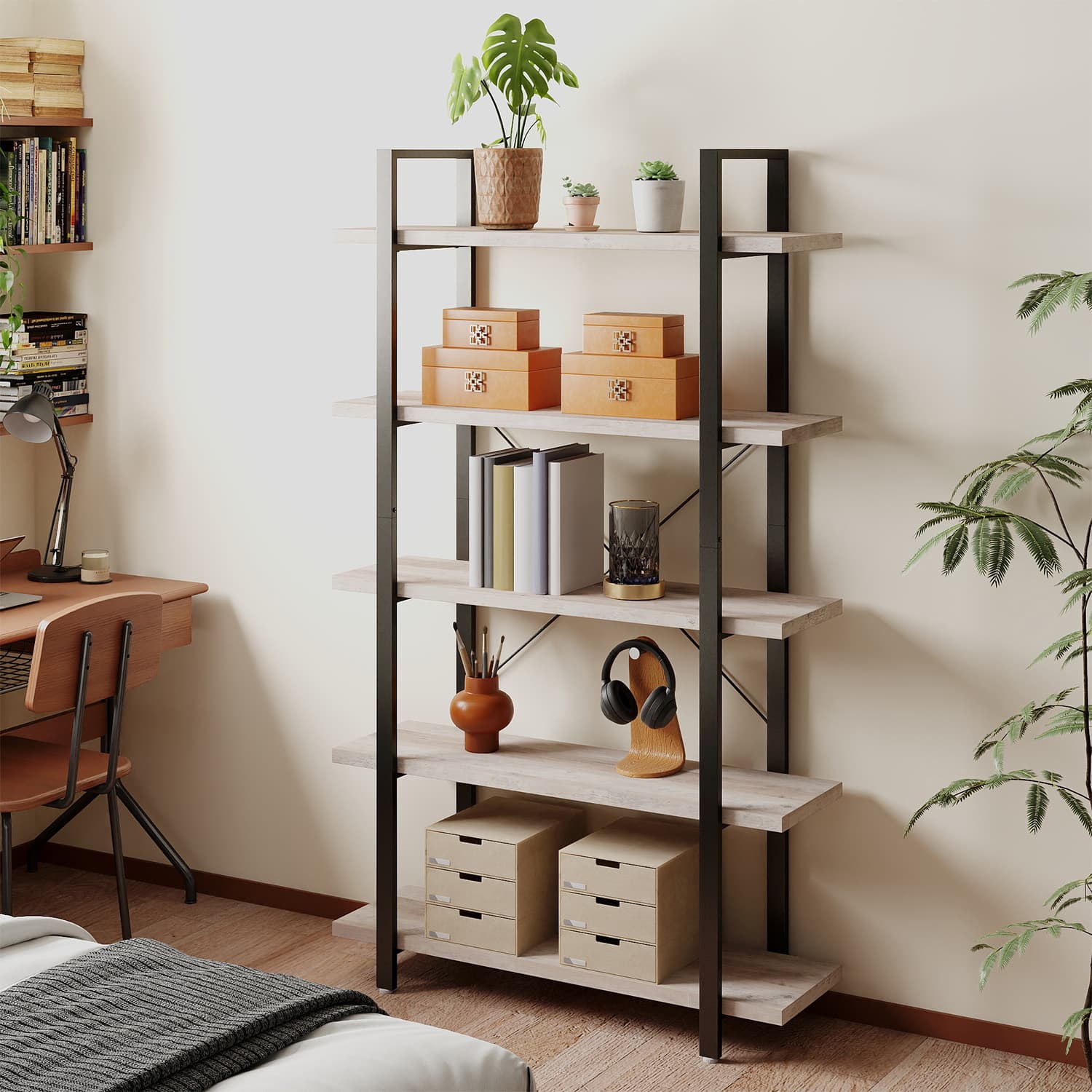 Vasagle Bücherregal stabiles Standregal mit 5 Regalebenen Wohnzimmerregal im Industrie-Design einfacher Aufbau Wohnzimmer Schlafzimmer Büro