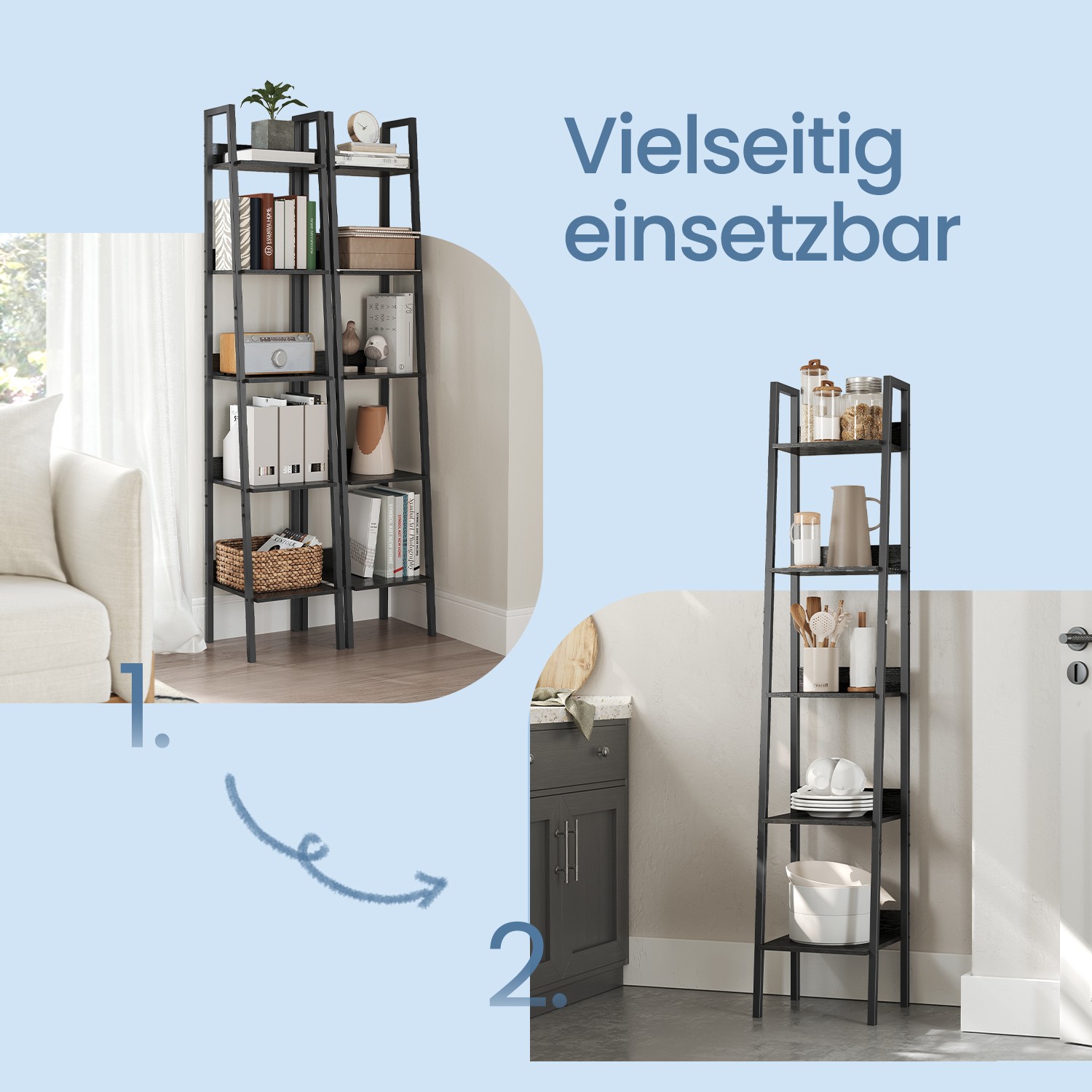 Bücherregal, Leiterregal 5 Ebenen, schmal