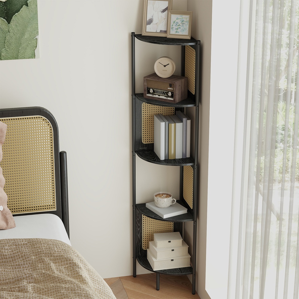 Eckregal mit 5 Ebenen, Bücherregal, Polyrattan-Seitenplatten