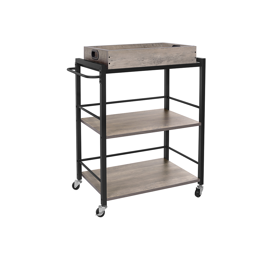 VASAGLE Servierwagen, abnehmbares Tablett, Stahlrahmen, 72 x 40 x 86 cm | Küchenwagen, mit verstellbaren Füßen und Rollen, Industrie-Design, greige meliert-tintenschwarz, BARNET Kollektion LRC072B02
