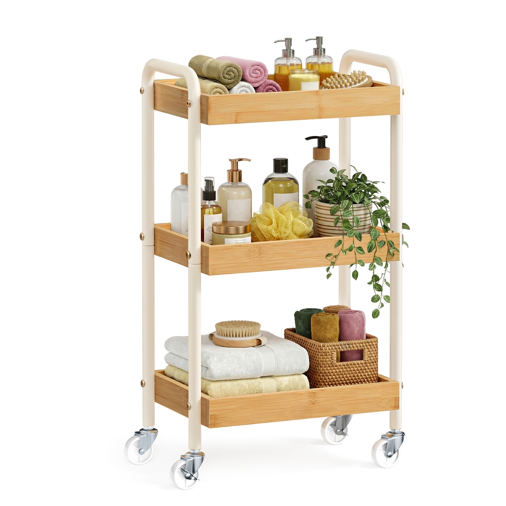SONGMICS Rollwagen, Servierwagen, Küchenwagen, Küchenregal mit Griffen, einfacher Aufbau, für Schlafzimmer, Badezimmer, Küche, Stahlgestell, 27,5 x 41,3 x 73 cm, naturbeige LRC081YL01