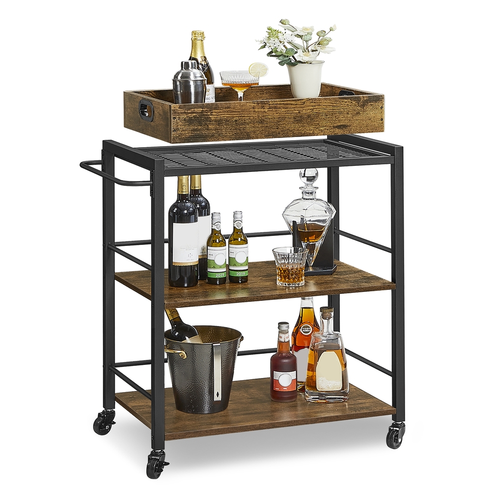 VASAGLE Servierwagen, abnehmbares Tablett, Stahlrahmen, 72 x 40 x 86 cm | Küchenwagen, mit verstellbaren Füßen und Rollen, Industrie-Design, vintagebraun-tintenschwarz, BARNET Kollektion LRC72X
