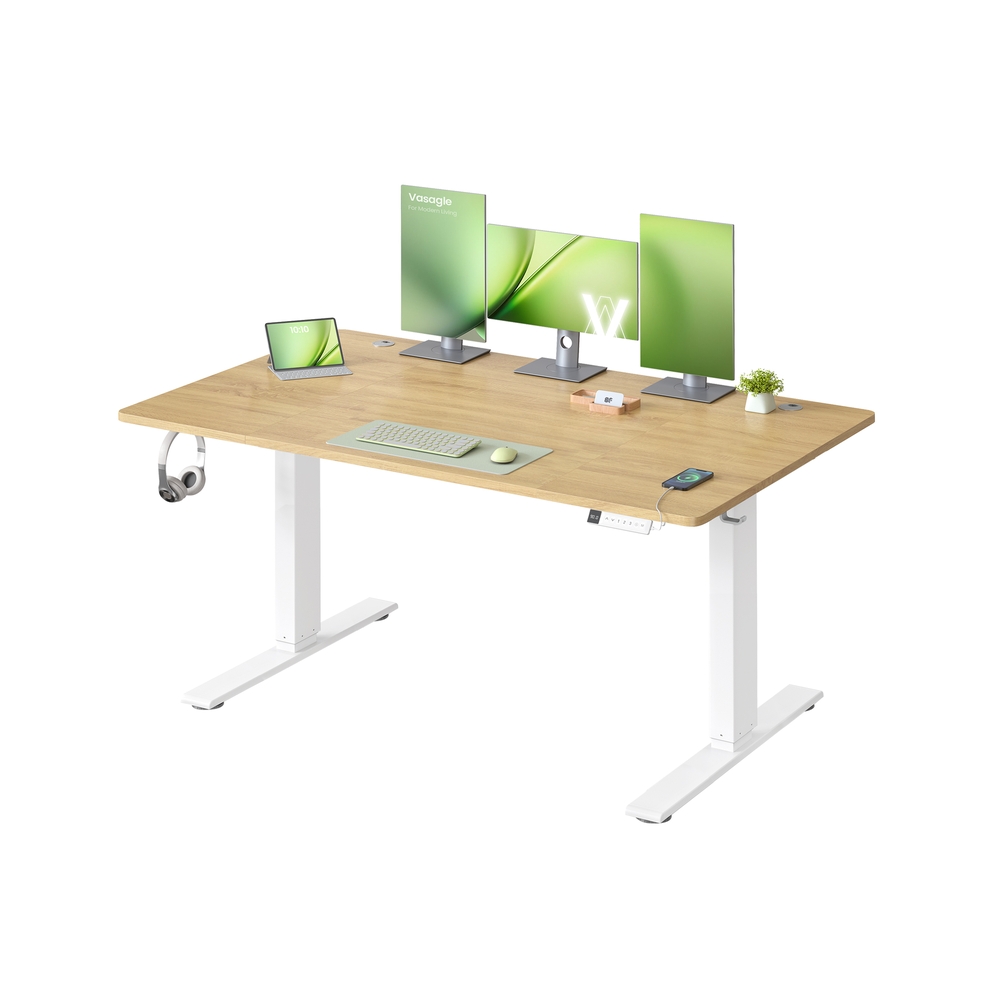 Höhenverstellbarer Schreibtisch mit USB Anschluss und Speicherfunktion goldeichenfarben
