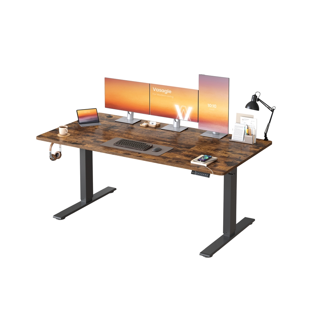 Höhenverstellbarer Schreibtisch mit USB Anschluss und Speicherfunktion Vintagebraun