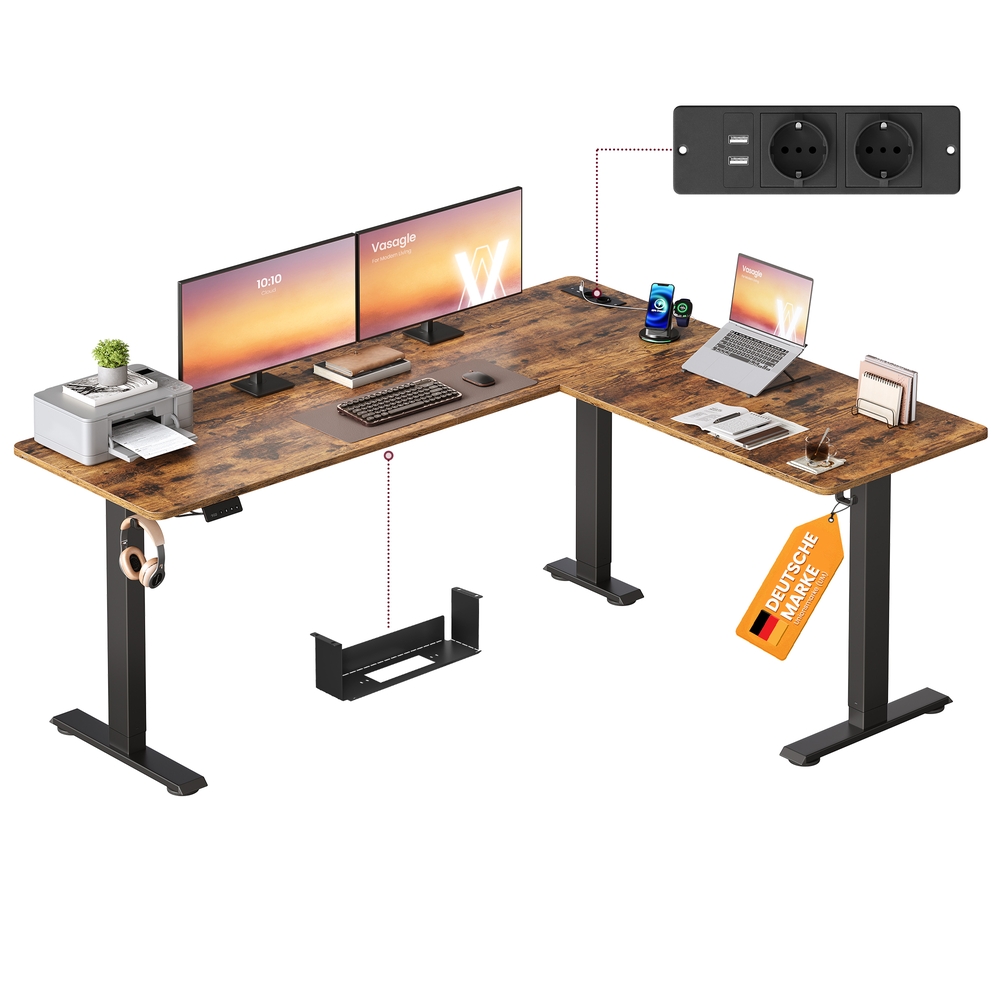 VASAGLE Höhenverstellbarer Schreibtisch, 190 x 155 cm, L-förmiger Eckschreibtisch, Stehtisch, 2 AC-Steckdosen, 2 USB-A-Anschlüsse, Ablage für Steckdosenleiste, für Büro, vintagebraun LSD295KD01