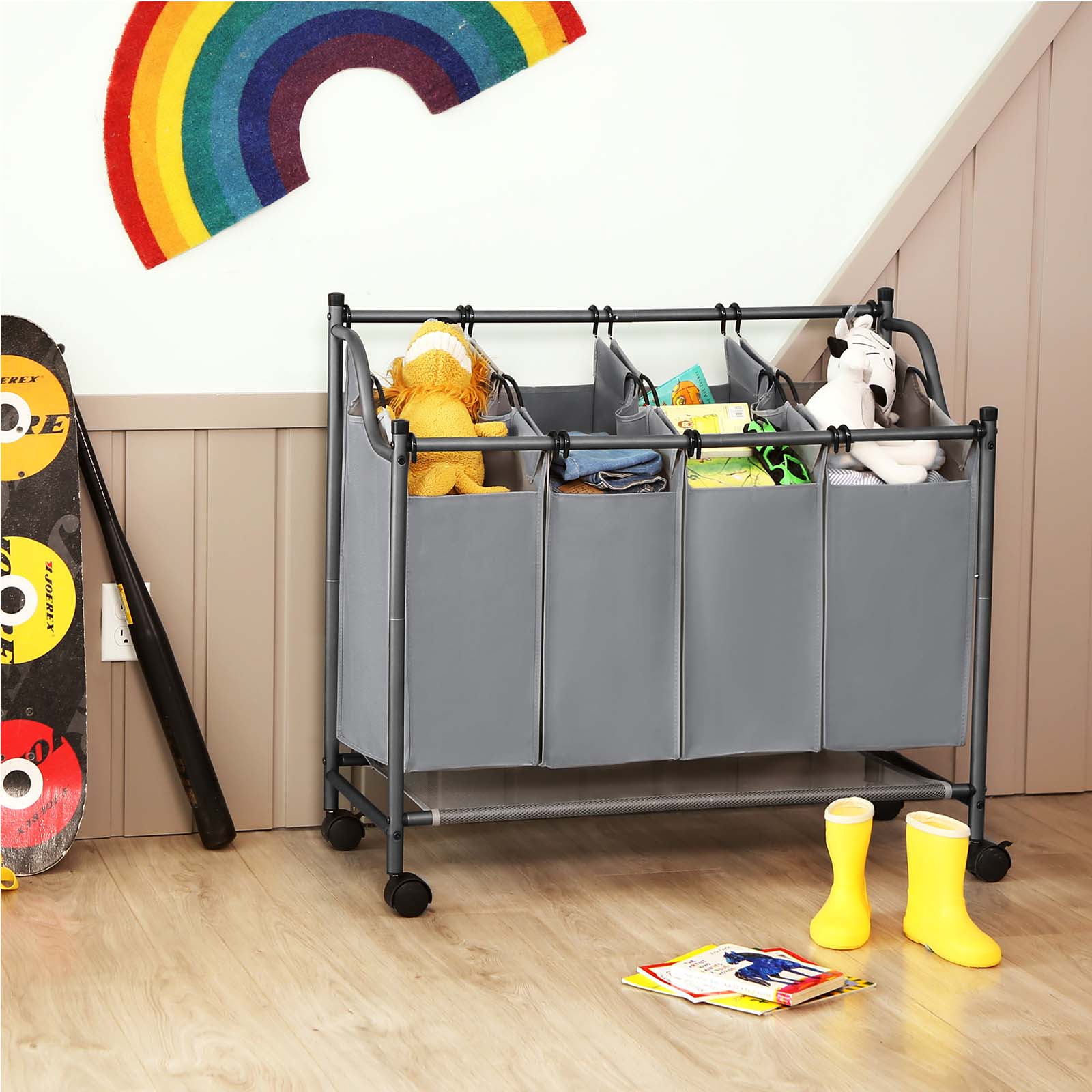 SONGMICS Wäschekorb auf Rollen, Wäschesortierer mit 4 abnehmbaren