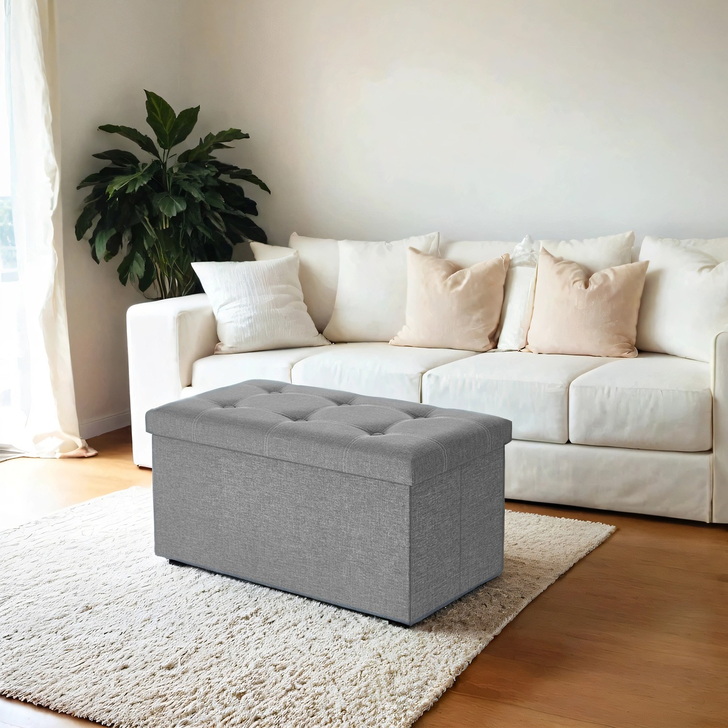 Sitzbank Sitzhocker 80 Liter Fassungsvermögen Sitztruhe Aufbewahrungsbox Leinenimitat faltbar belastbar bis 300 kg für Wohnzimmer