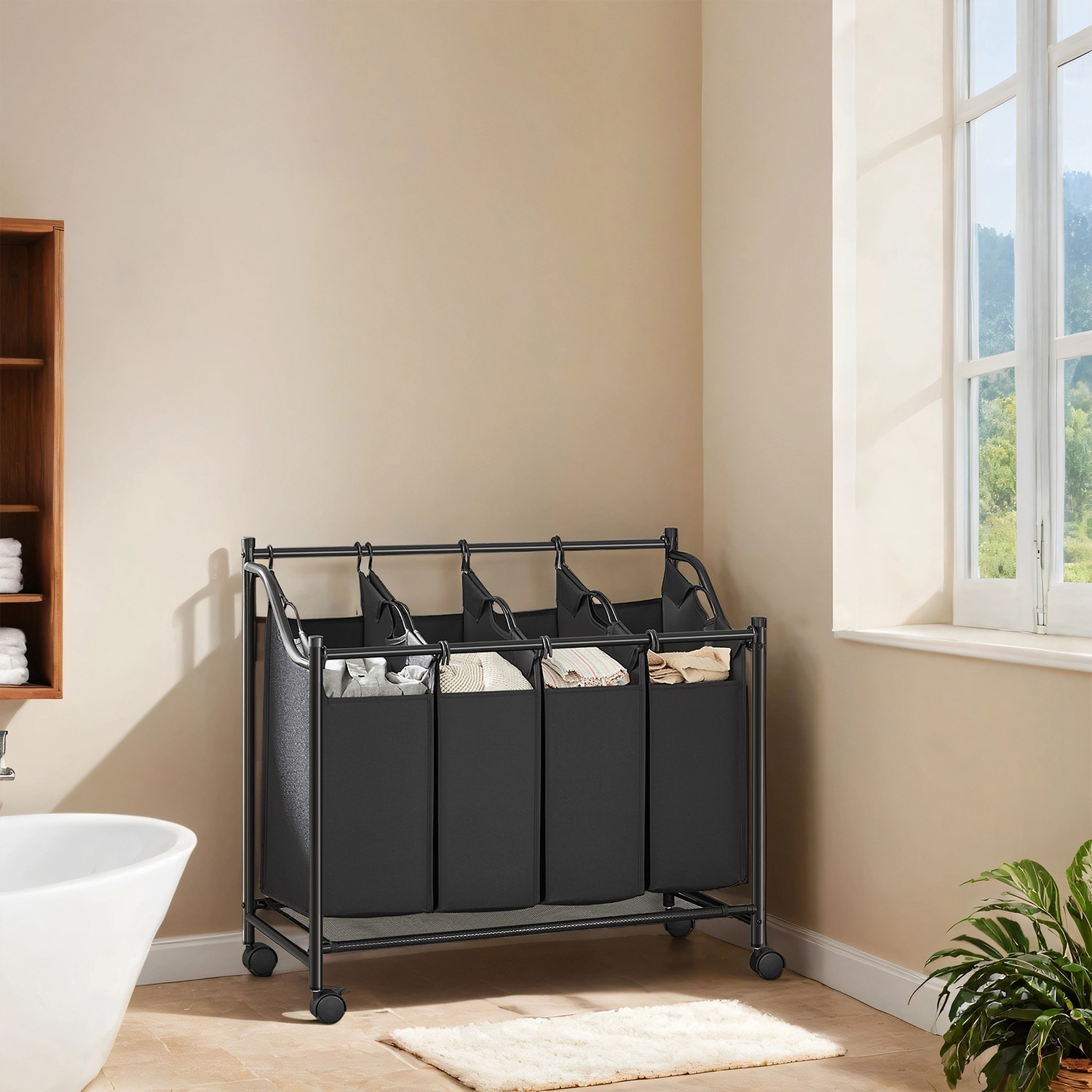 Wäschekorb mit Rollen, 4 x 35 L, Wäschesammler mit 4 abnehmbaren Wäschesäcken