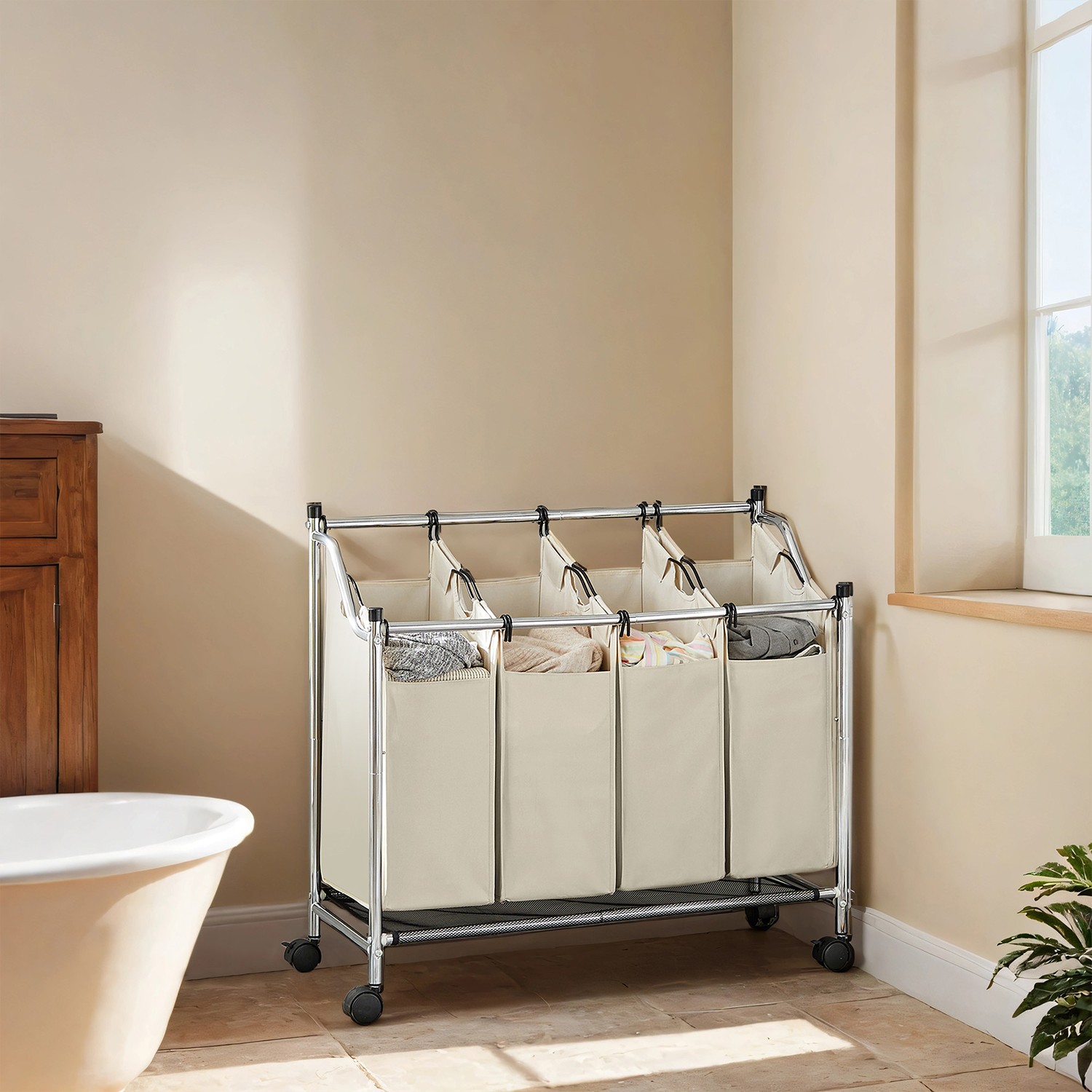 Wäschekorb mit Rollen, 4 x 35 L, Wäschesammler mit 4 abnehmbaren Wäschesäcken