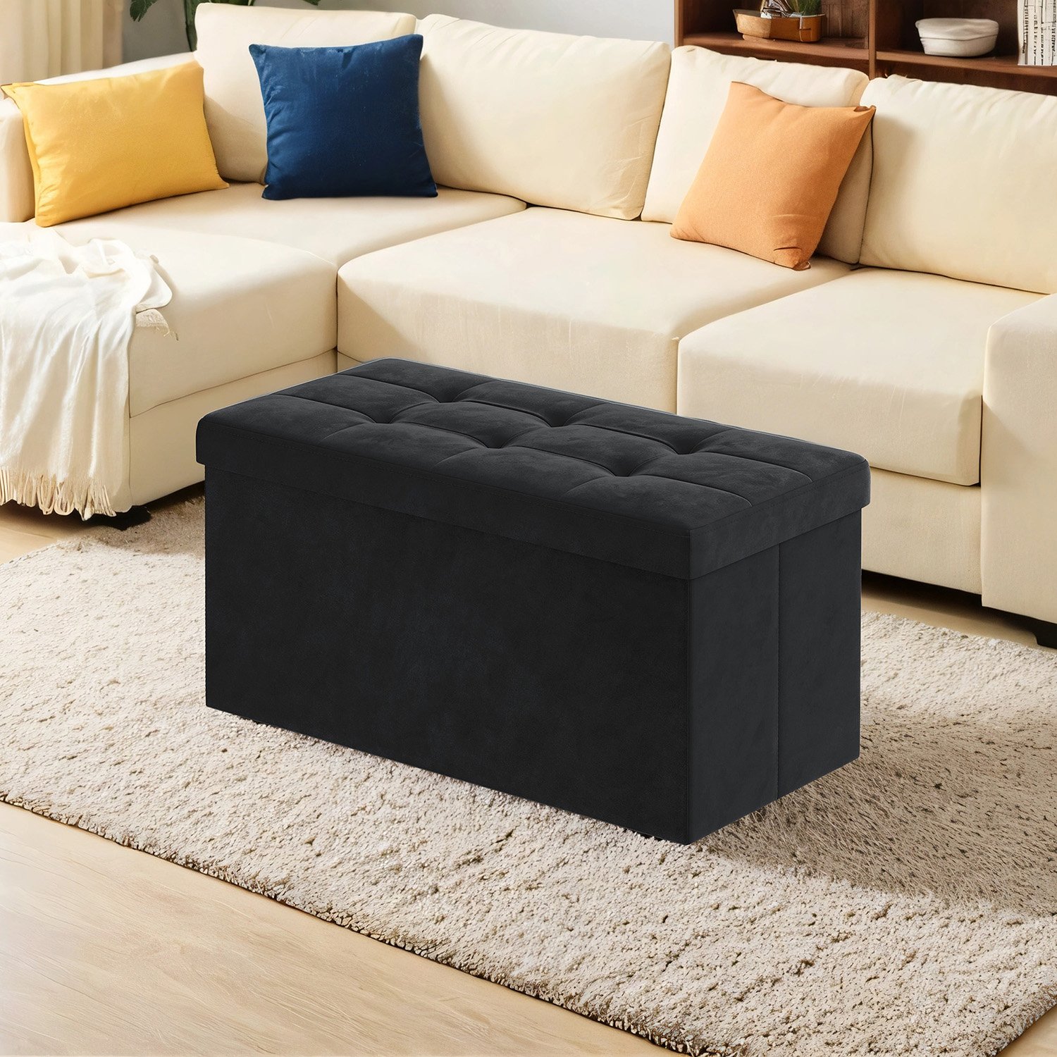 Sitzbank mit Stauraum aus Samt, 38 x 76 x 38 cm, klappbare Sitztruhe