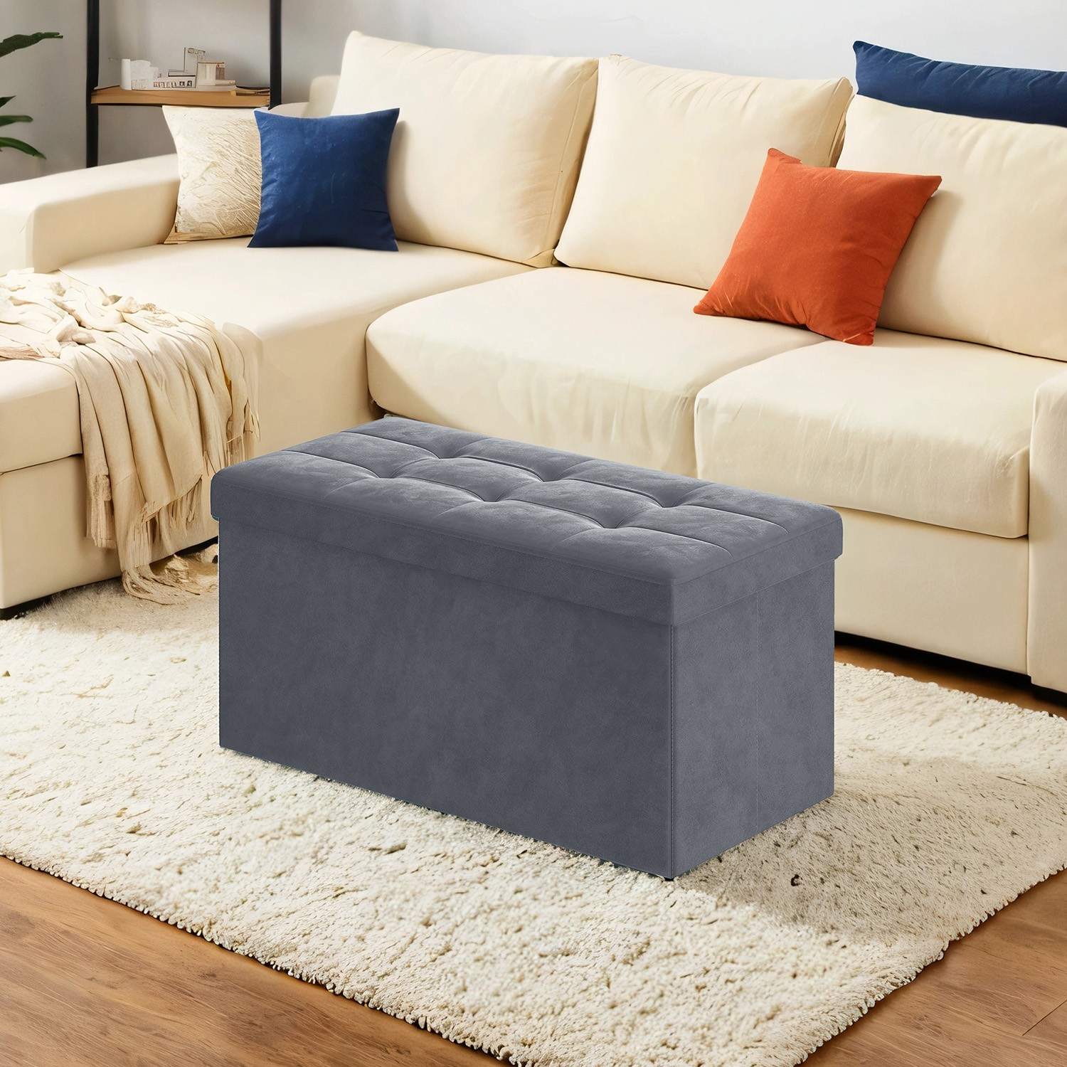 Sitzbank mit Stauraum aus Samt, 38 x 76 x 38 cm, klappbare Sitztruhe