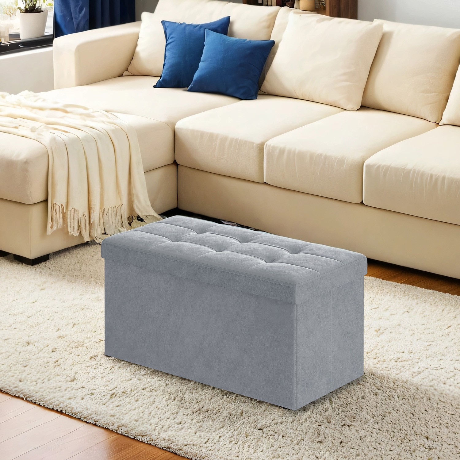 Sitzbank mit Stauraum aus Samt, 38 x 76 x 38 cm, klappbare Sitztruhe