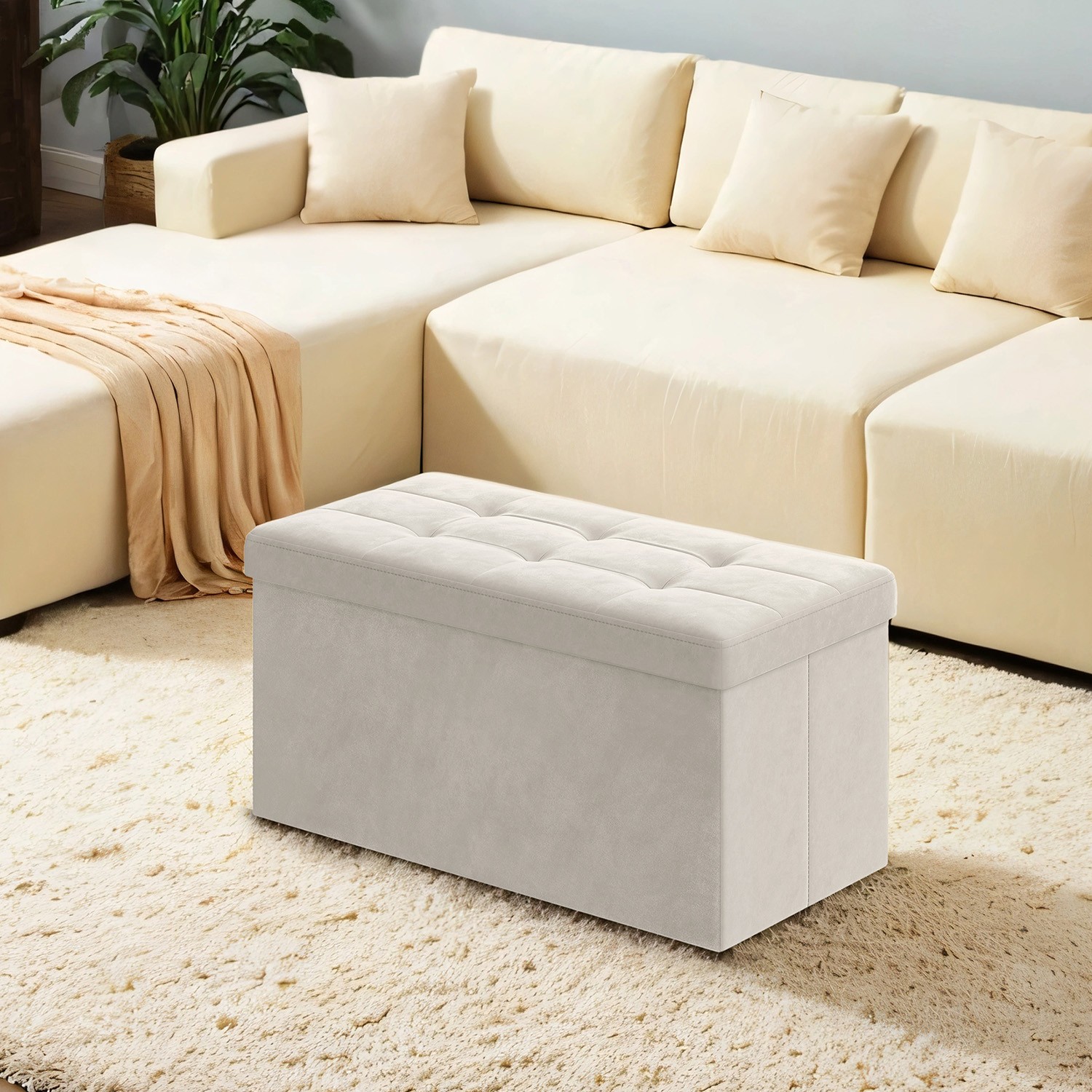 Sitzbank mit Stauraum aus Samt, 38 x 76 x 38 cm, klappbare Sitztruhe