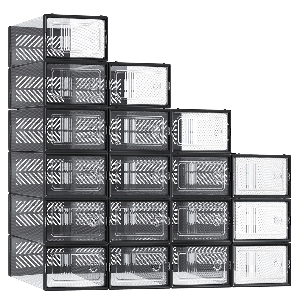 Schuhboxen 18er Set stapelbar bis Größe 43 transparent-schwarz