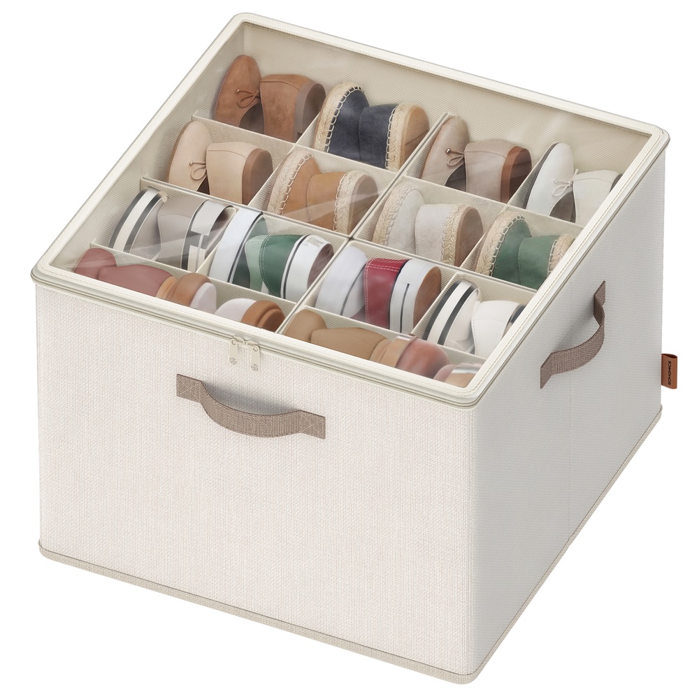SONGMICS Schuh-Organizer, für bis zu 16 Paar Schuhe, Schuhaufbewahrung platzsparend, verstellbare Trennwände, stapelbar, Deckel transparent, Kleiderschrank, cappuccinobeige LSP621LH01