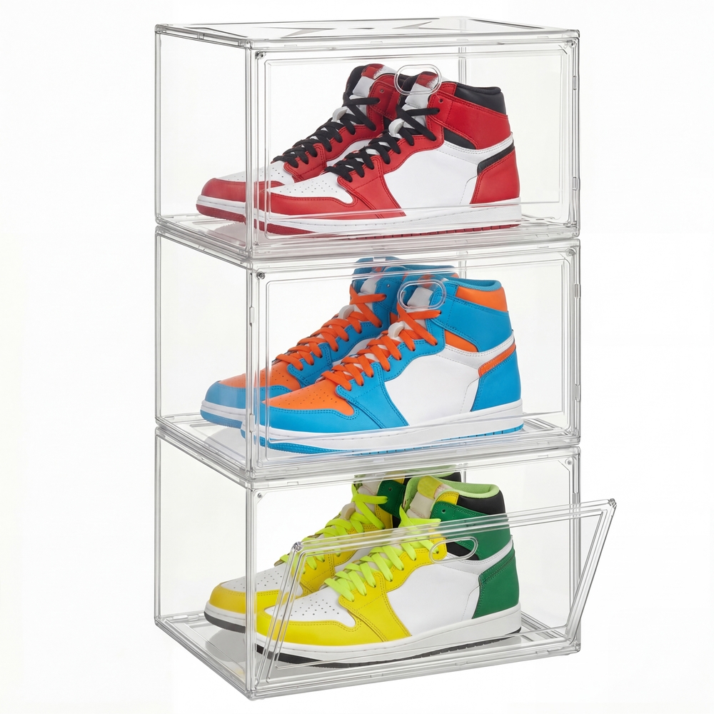 Schuhboxen 6er Set stapelbar transparent bis Größe 47 mit Magnettür