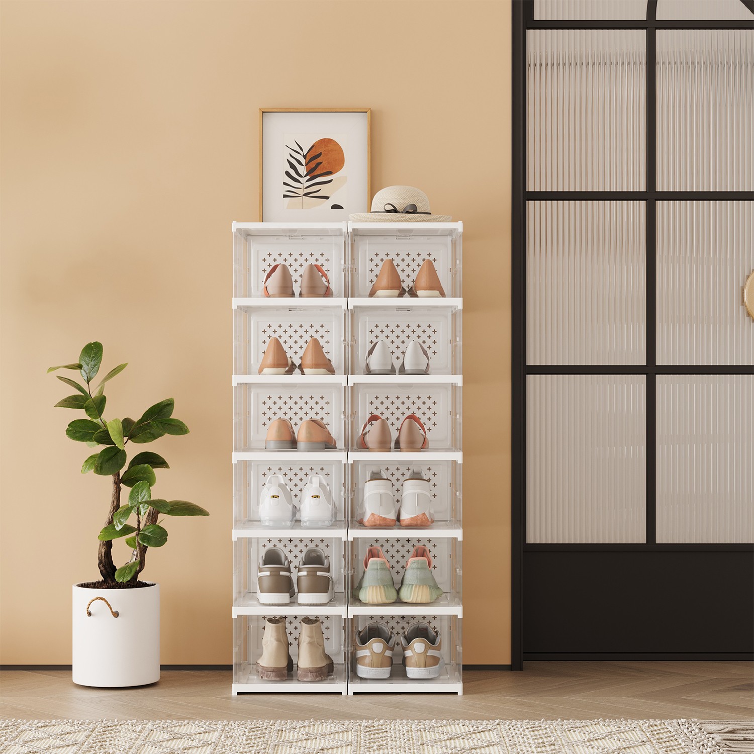 Schuhschrank 2er Set, mit 12 Schuhboxen, integrierter Schuh-Organizer