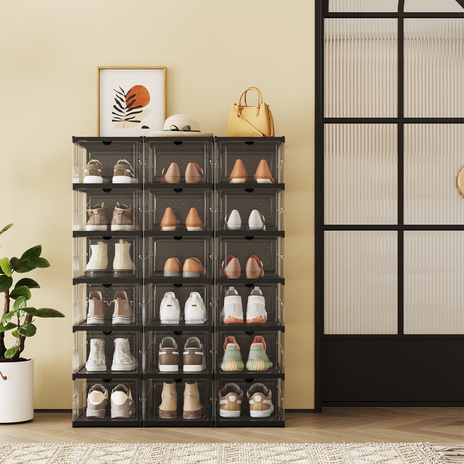 Schuhschrank 3er Set, mit 18 Schuhboxen, integrierter Schuh-Organizer