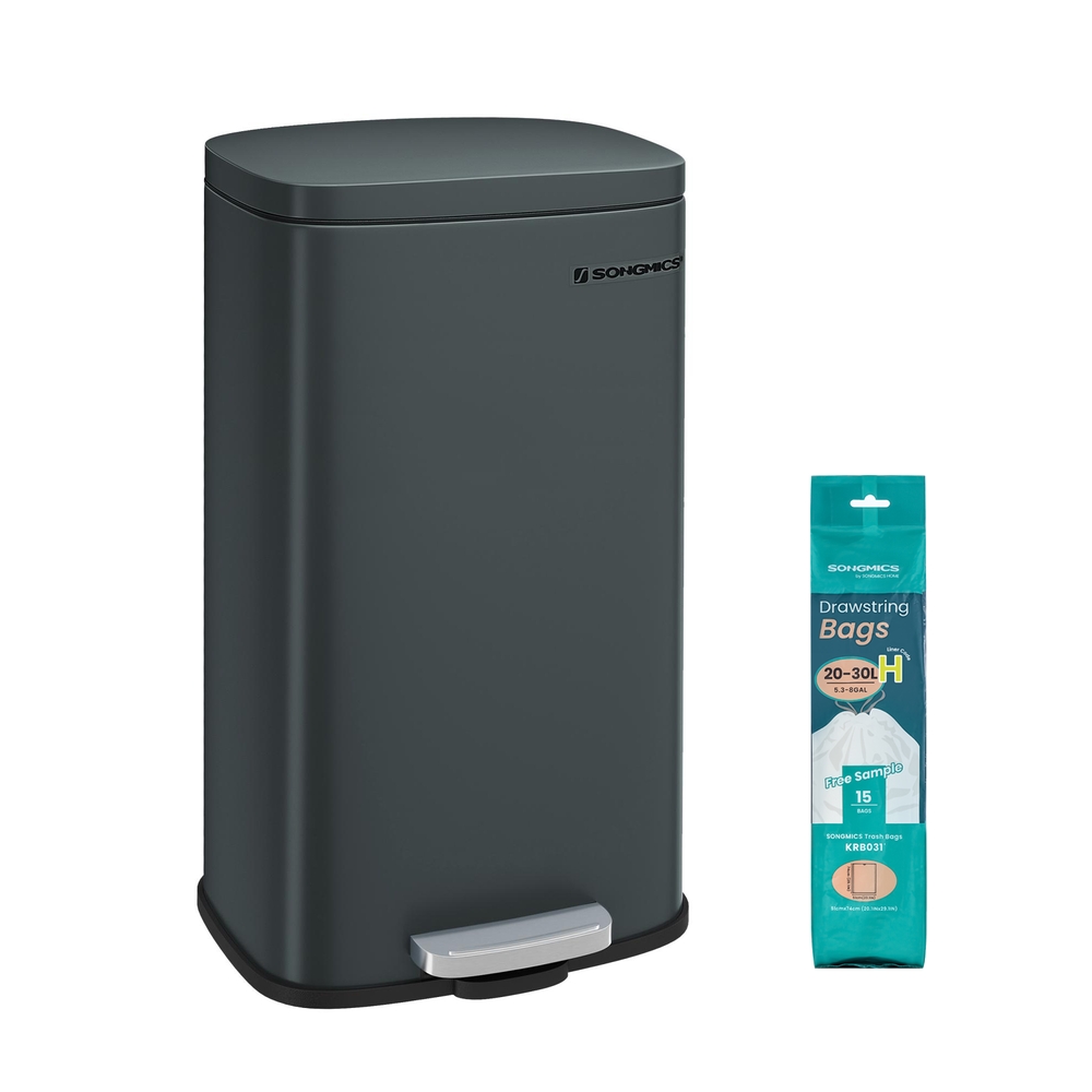 SONGMICS Mülleimer 30L aus Stahl, Tretmülleimer mit Deckel | Absenkautomatik, Inneneimer, 34,8 x 29,7 x 63,3 cm, Anthrazitgrau und Tintenschwarz, PLUSHIC Kollektion LTB03GS