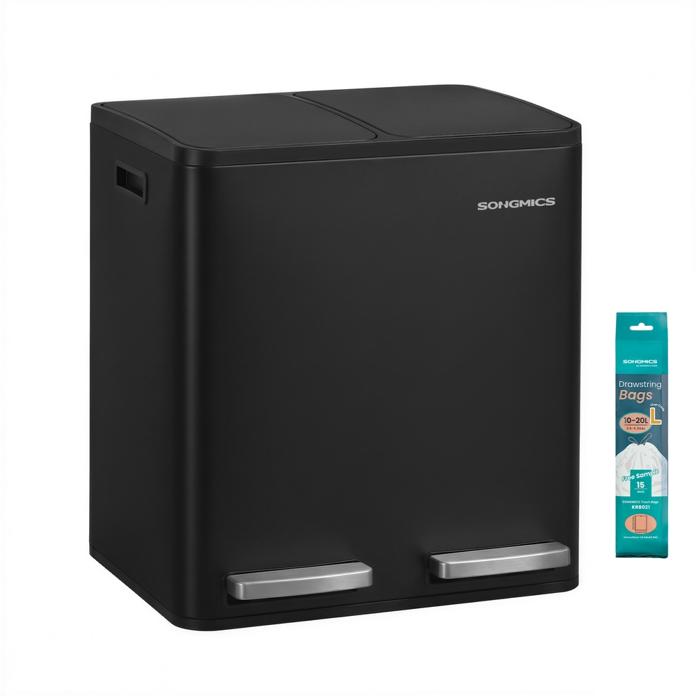 SONGMICS Mülleimer Küche, 2 x 15 L, Mülltrennsystem 2 Fächer, Abfalleimer mit 15 Müllbeuteln, Tretmülleimer, Inneneimer herausnehmbar, Softclose-Deckel, Griffe, Stahl, schwarz LTB130BZ02