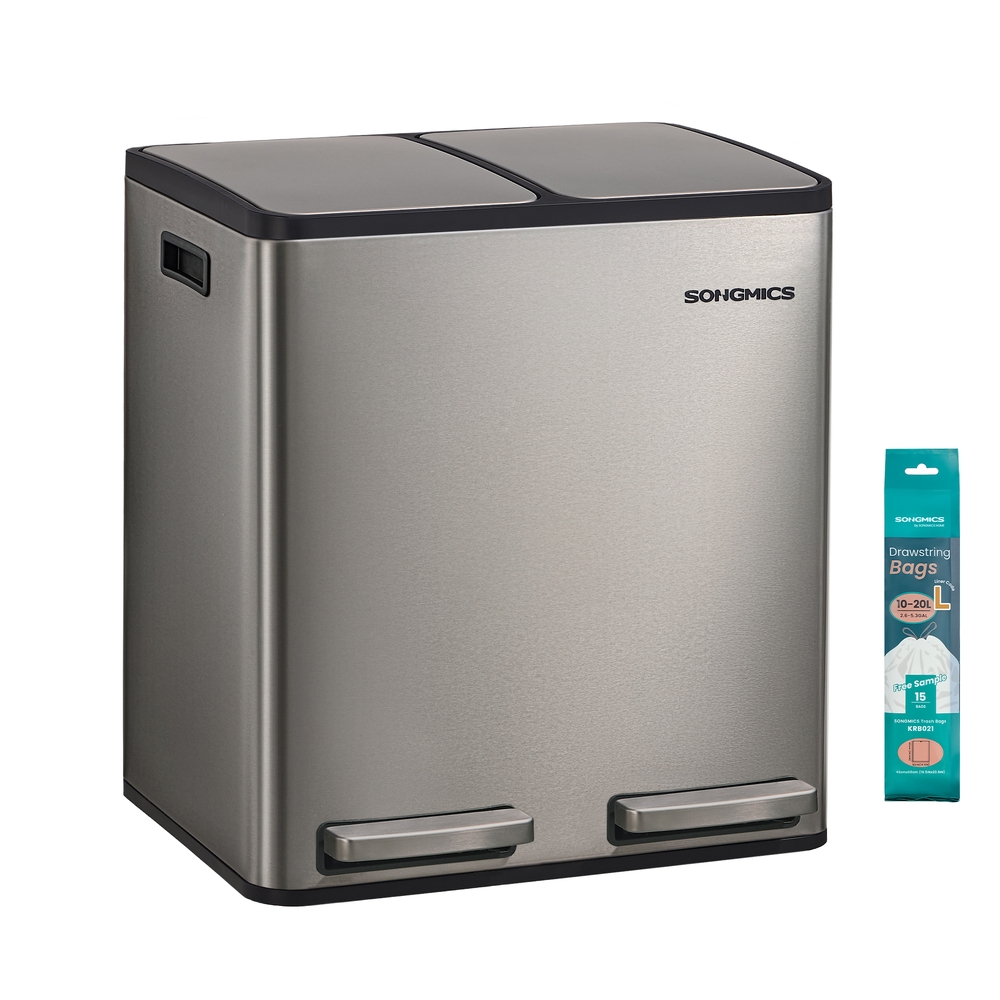 SONGMICS Mülleimer Küche, 2 x 15 L, Mülltrennsystem 2 Fächer, Abfalleimer mit 15 Müllbeuteln, Tretmülleimer, Inneneimer herausnehmbar, Softclose-Deckel, Griffe, Edelstahl, silbern LTB130EZ01