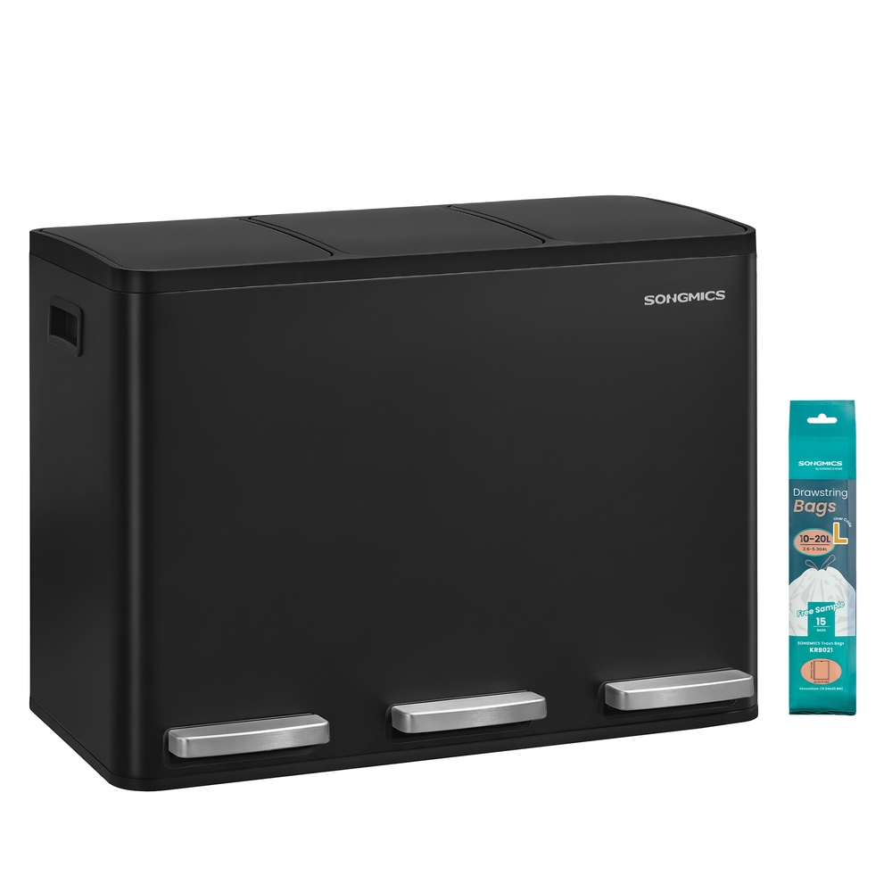 SONGMICS Mülleimer Küche, 3 x 15 L, Mülltrennsystem 3 Fächer, Abfalleimer mit 15 Müllbeuteln, Tretmülleimer, Inneneimer herausnehmbar, Softclose-Deckel, Griffe, Stahl, schwarz LTB145BZ02
