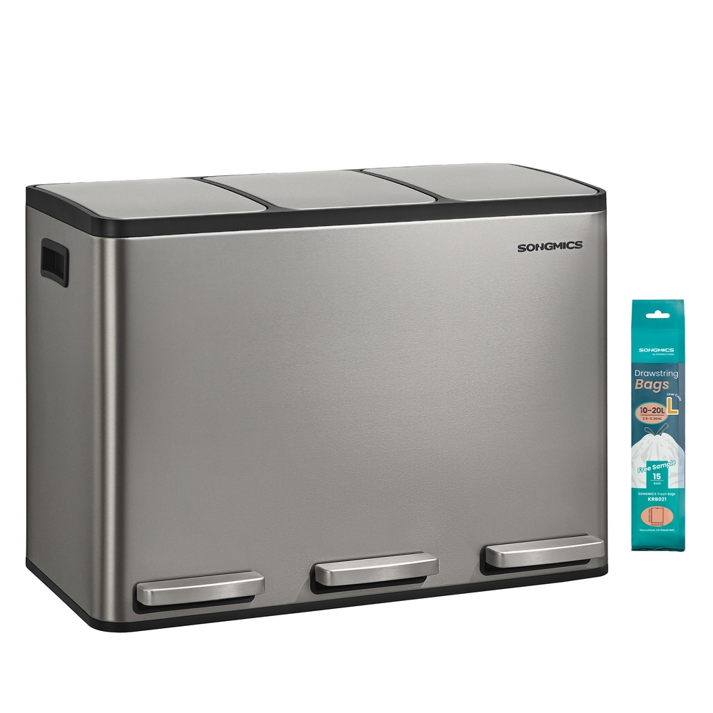 SONGMICS Mülleimer Küche, 3 x 15 L, Mülltrennsystem 3 Fächer, Abfalleimer mit 15 Müllbeuteln, Tretmülleimer, Inneneimer herausnehmbar, Softclose-Deckel, Griffe, Edelstahl, silbern LTB145EZ01