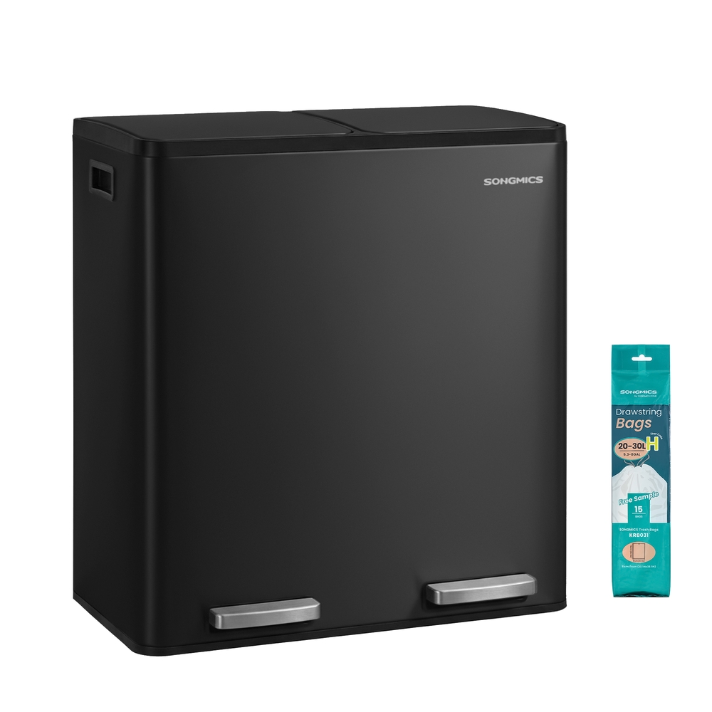 SONGMICS Mülleimer Küche, 2 x 30 L, Mülltrennsystem 2 Fächer, Abfalleimer mit 15 Müllbeuteln, Tretmülleimer, Inneneimer herausnehmbar, Softclose-Deckel, Griffe, Stahl, schwarz LTB160BZ02