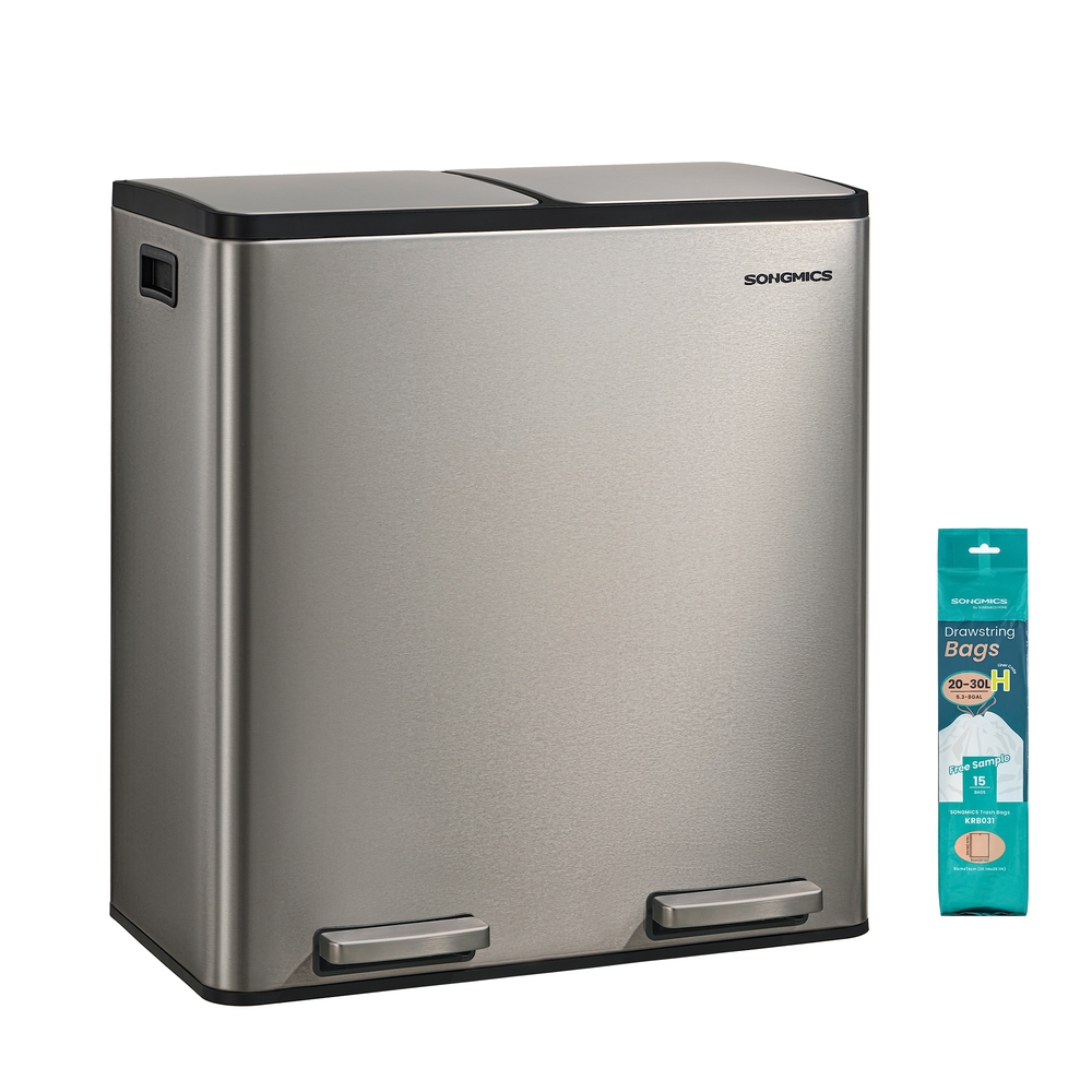 SONGMICS Mülleimer Küche, 2 x 30 L, Mülltrennsystem 2 Fächer, Abfalleimer mit 15 Müllbeuteln, Tretmülleimer, Inneneimer herausnehmbar, Softclose-Deckel, Griffe, Edelstahl, silbern LTB160EZ01