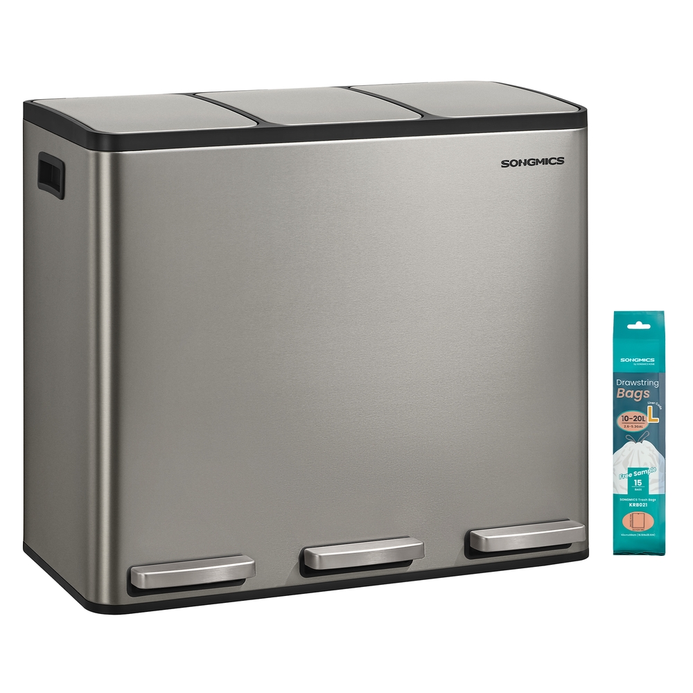 SONGMICS Mülleimer Küche, 3 x 18 L, Mülltrennsystem 3 Fächer, Abfalleimer mit 15 Müllbeuteln, Tretmülleimer, Inneneimer herausnehmbar, Softclose-Deckel, Griffe, Edelstahl, silbern LTB254EZ01