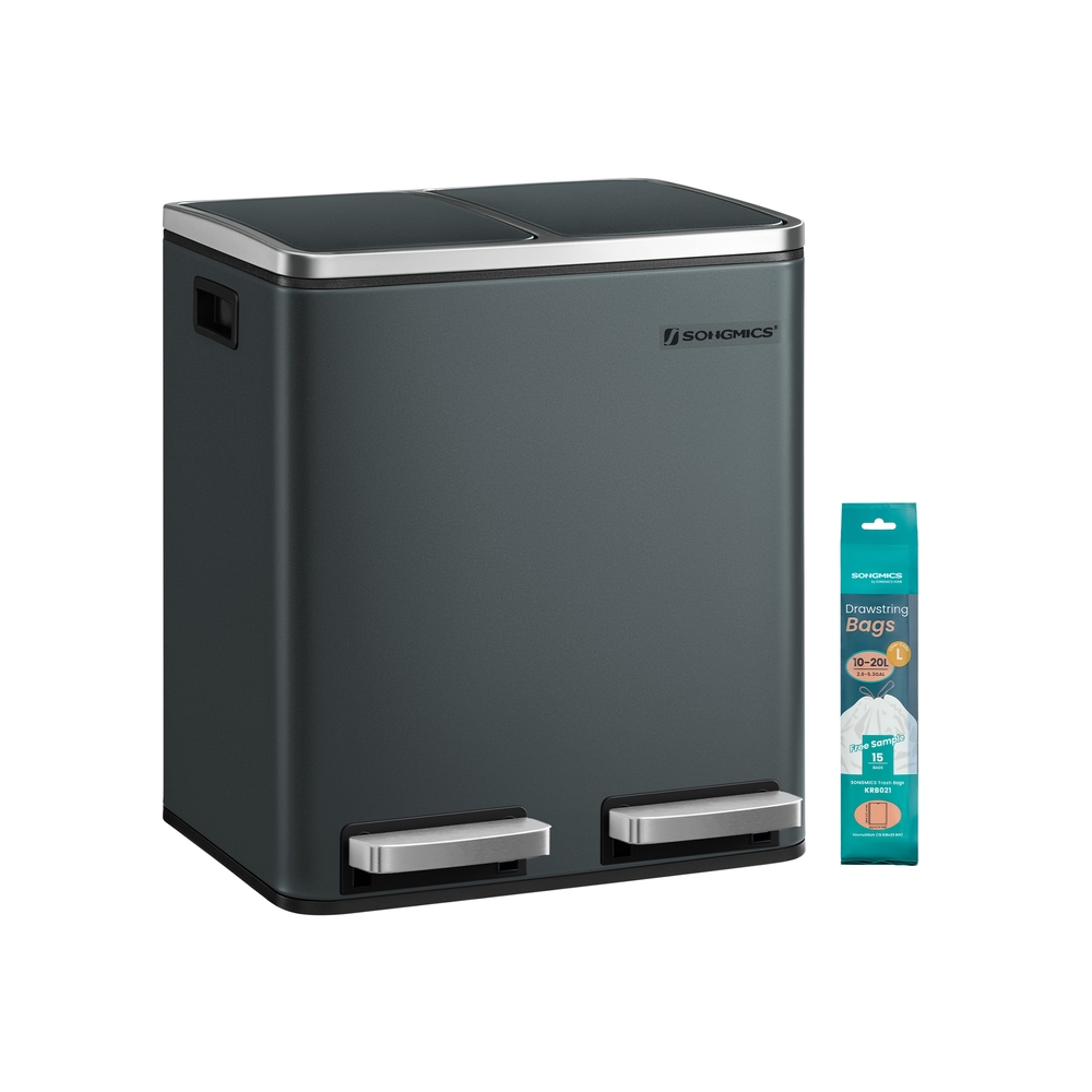 Songmics - Mülleimer für die Küche 30 l Mülltrennung Abfalleimer aus Metall Treteimer mit Inneneimern und Griffen Mülltrennsystem 2 x 15 Liter