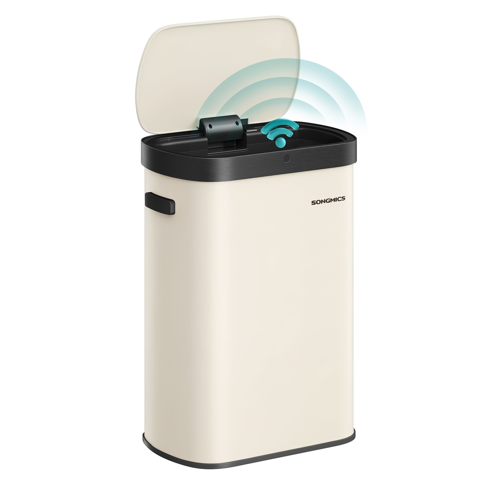 SONGMICS Mülleimer mit Sensor, automatischer Abfalleimer 50 L, Öffnen per Handbewegung oder Berühren, Softclose-Deckel, Stahl, inkl. 15 Müllbeutel, cremefarben LTB640AZ02