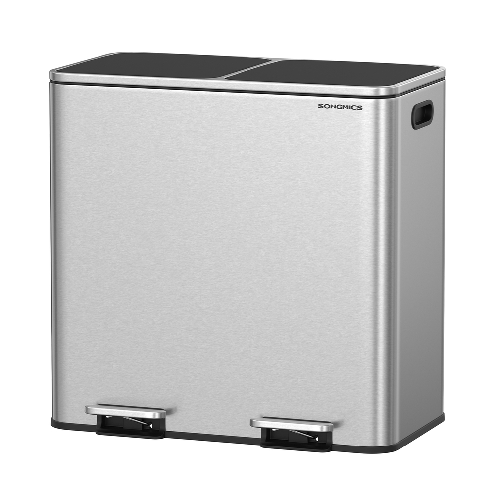 Mülleimer, 2 x 40 Liter, 2 Fächer, Mülltrennsystem, Treteimer, Abfalleimer Küche, 15 Müllsäcke, Metall, Inneneimer aus Kunststoff, Klappdeckel, Softclose, silbern-schwarz