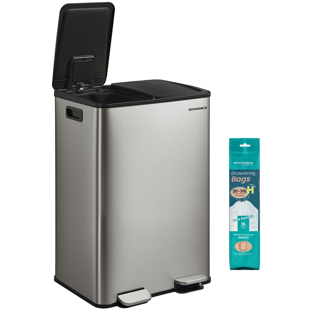 Mülleimer Küche, 2 x 30 Liter, 2 Fächer, Abfalleimer, Tretmülleimer, Küchenmülleimer mit Softclose-Deckel und Inneneimer, Edelstahl, inklusive 15 Müllbeutel, silbern