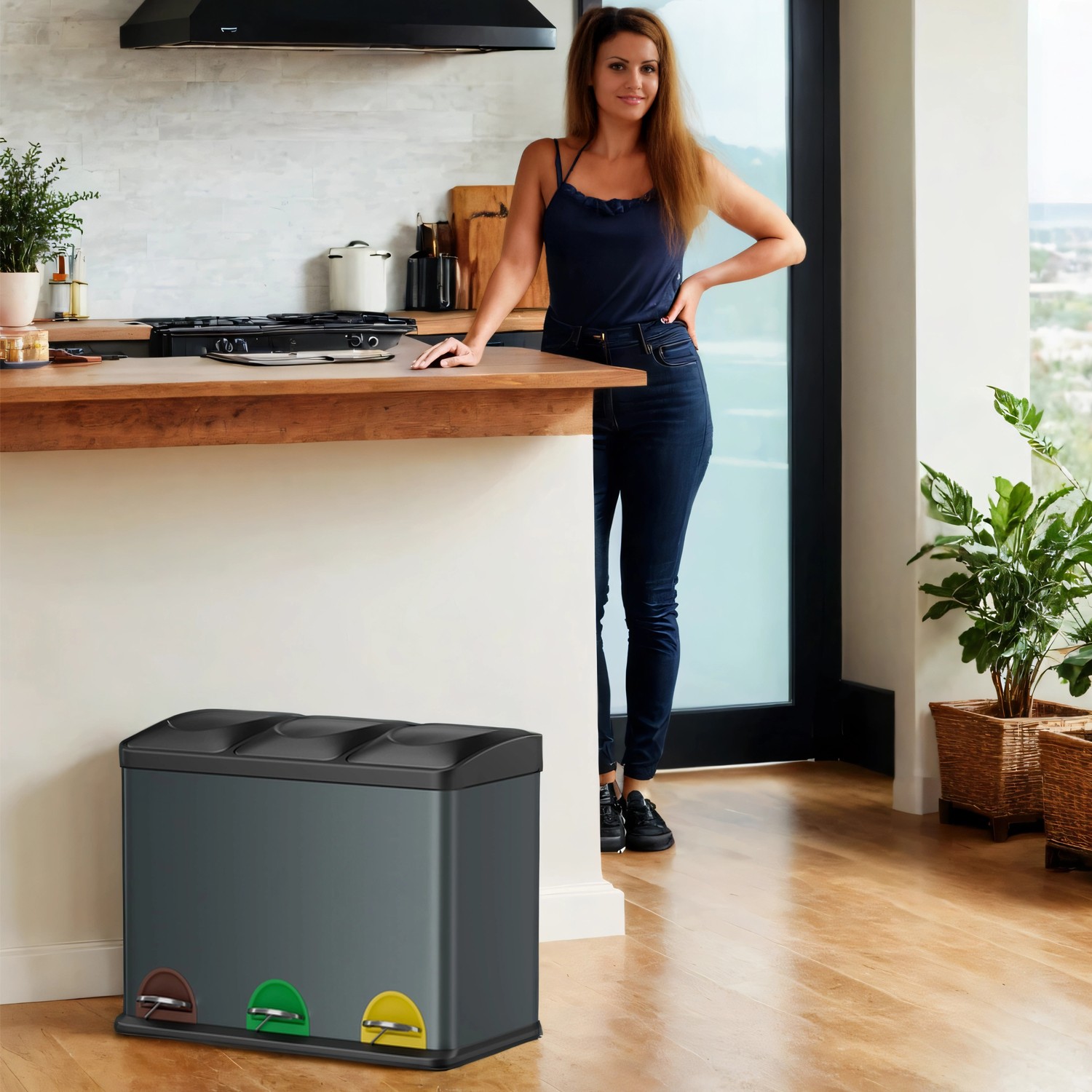 Mülleimer 3 Fächer, Mülltrennsystem Küche, Abfalleimer