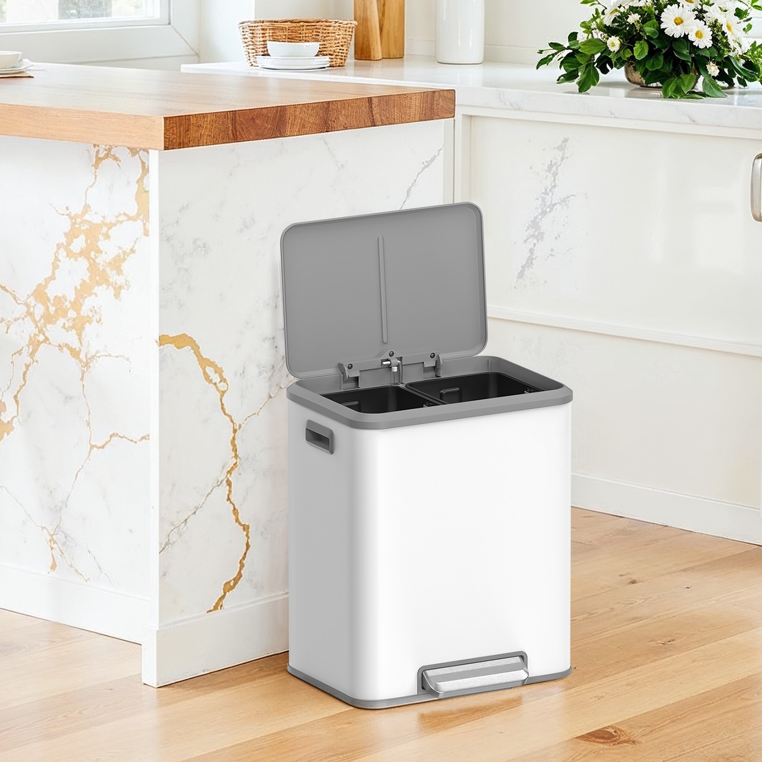 Mülltrennsystem 2 Fächer für Recycling und Restmüll wolkenweiß