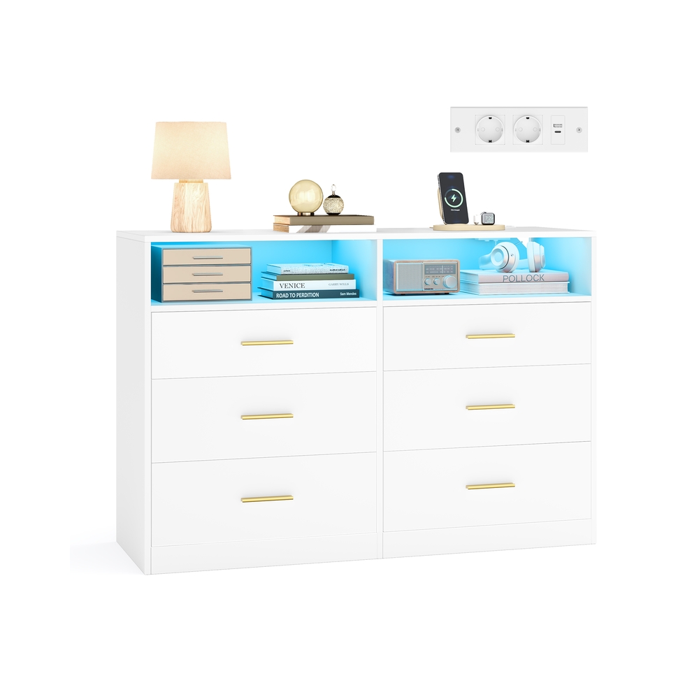 VASAGLE CUSTOS Kollektion - Kommode, Kommodenschrank mit LED-Beleuchtung und Steckdosenleiste, Sideboard, modern, Wohnzimmer, Schlafzimmer, 6 Schubladen, 40 x 119 x 81,2 cm, wolkenweiß LTS316WB01
