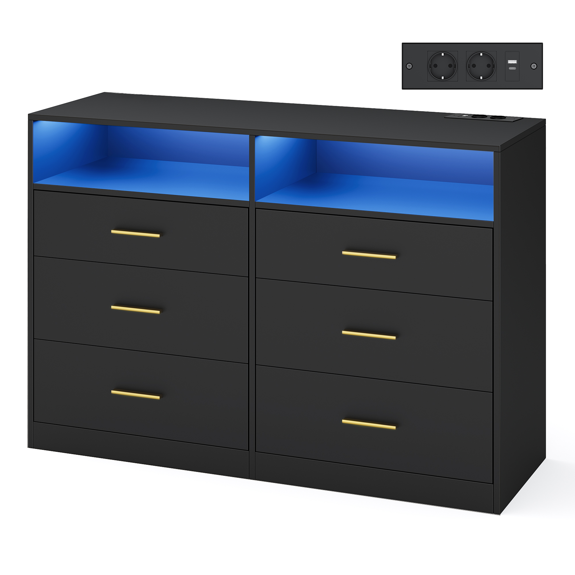 Kommode mit LED-Beleuchtung und Ladestation, 6 Schubladen, modern