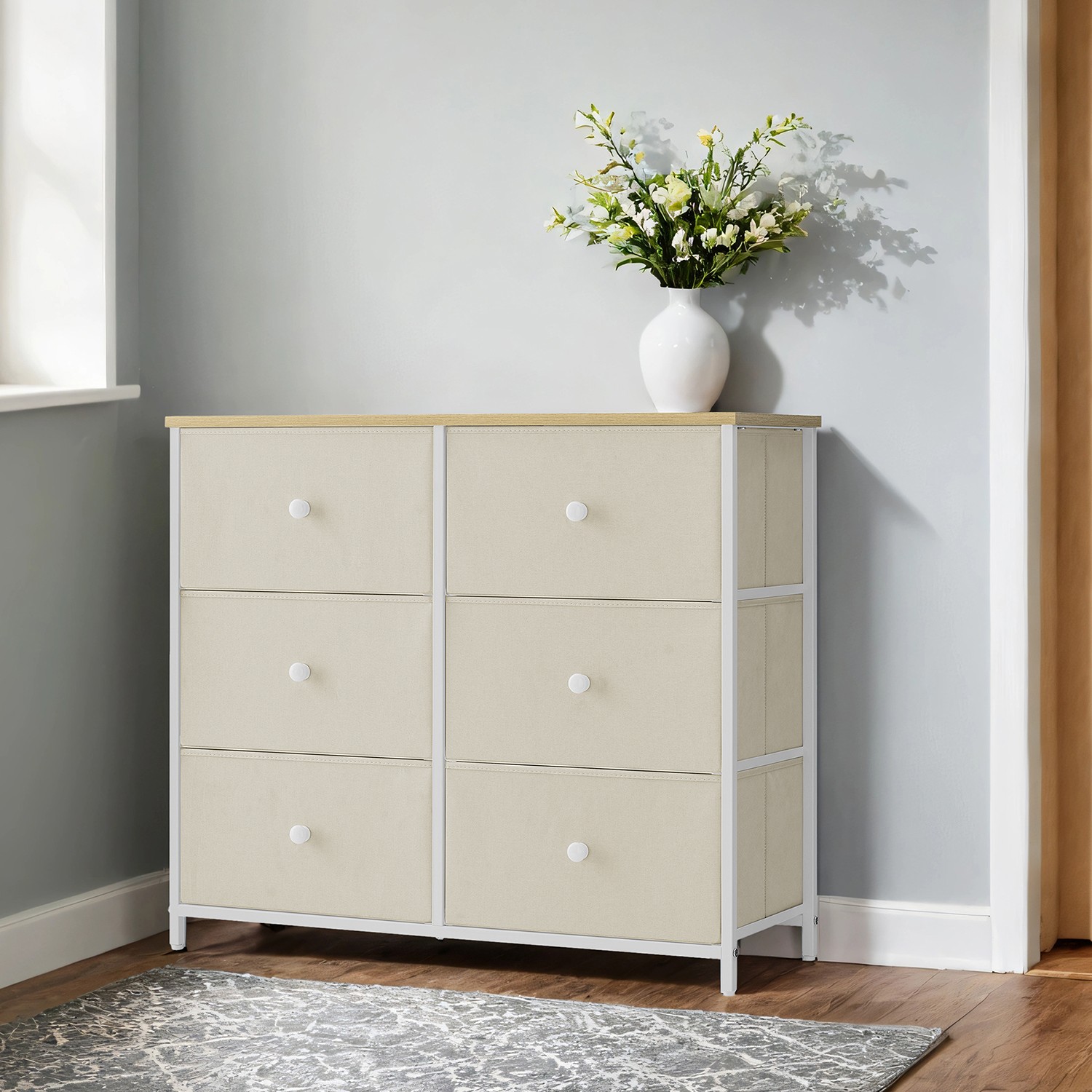 Kommode, Schrank, 6 Stoff-Schubladen