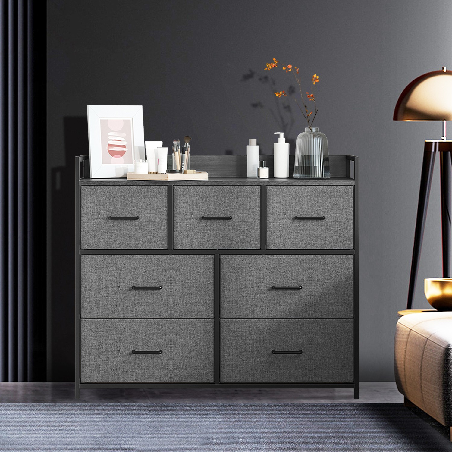 Kommode, Schrank, 7 Stoffschubladen mit Griffen