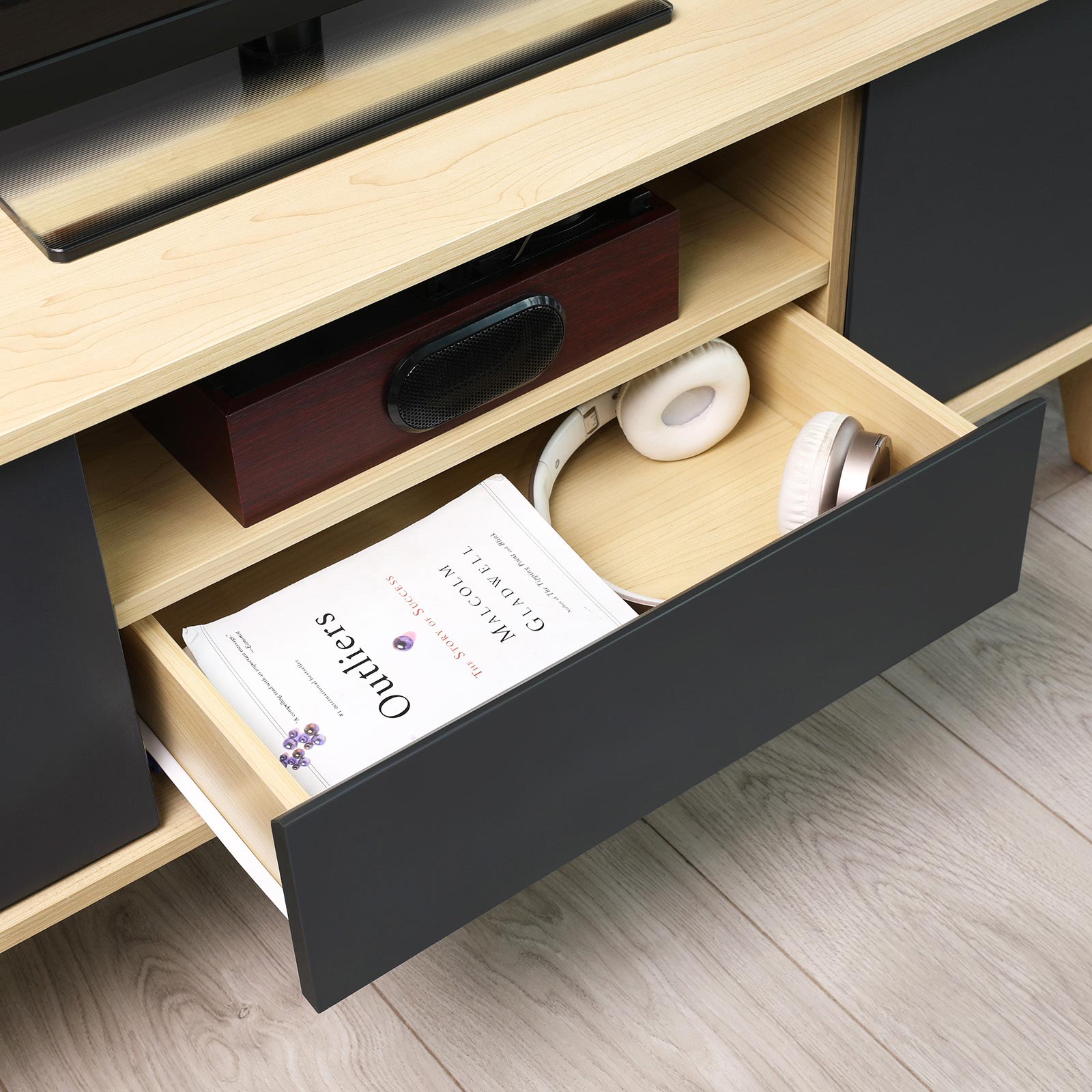 VASAGLE Moderner Fernsehtisch, TV-Lowboard mit Schublade, 2 Schränken